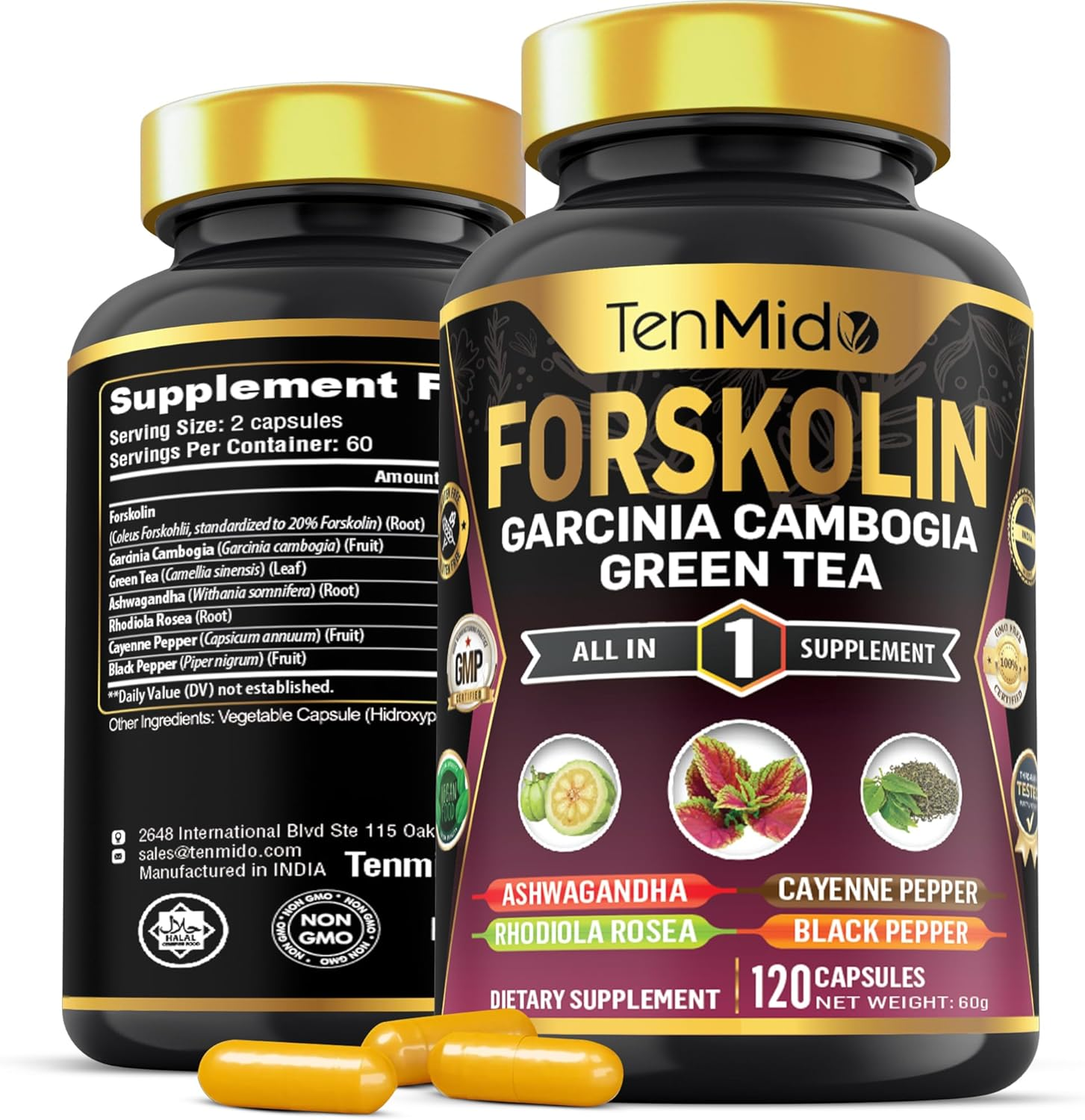 Forskolin Supplement with Garcinia Cambogia, Green Tea, Ashwagandha, Rhodiola, Cayenne & Black Pepper - 120 Non-Gmo, Vegan Capsules