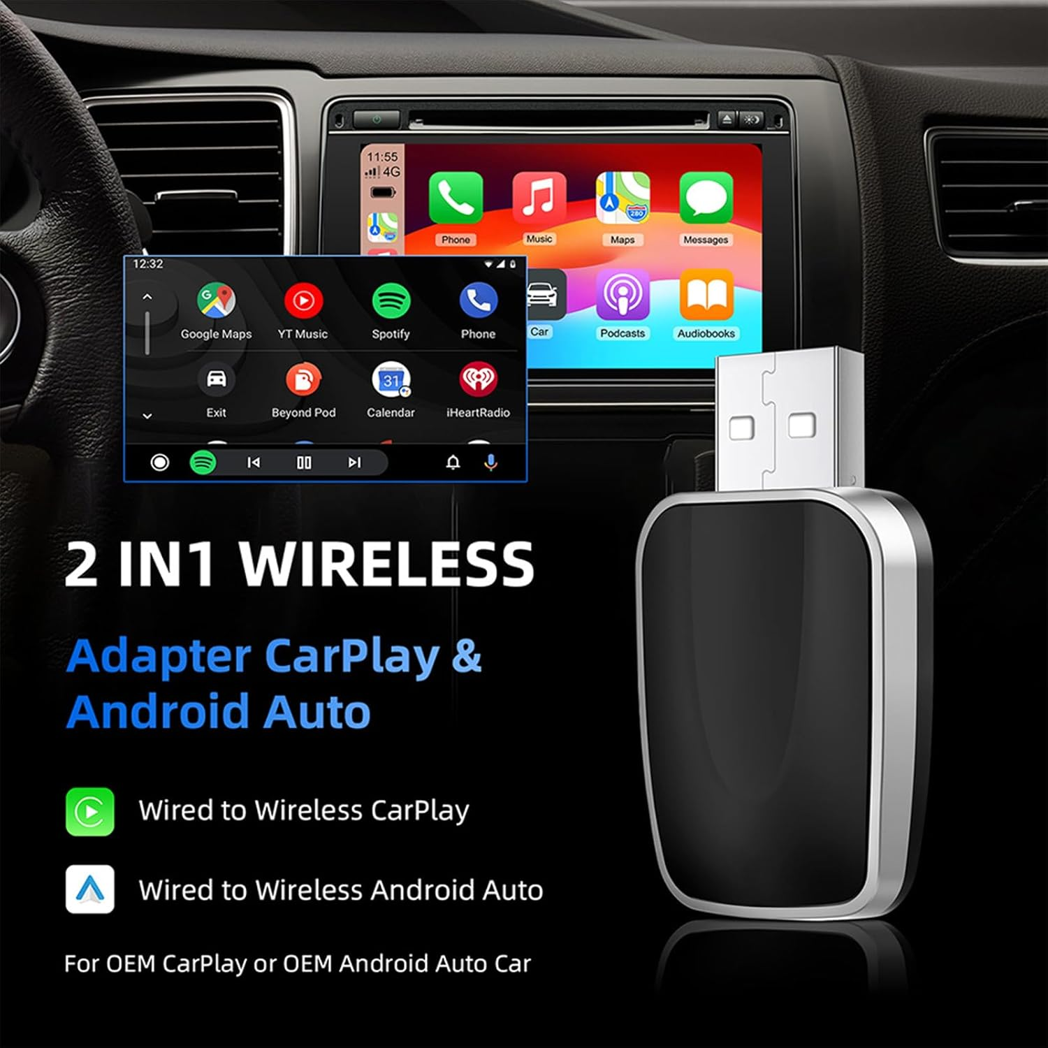 2-In-1 Wireless Carplay Adapter and Android Auto Kit,Plug & Play for Apple Carplay Wireless Adapter and Android Auto via USB-A/C image number 3