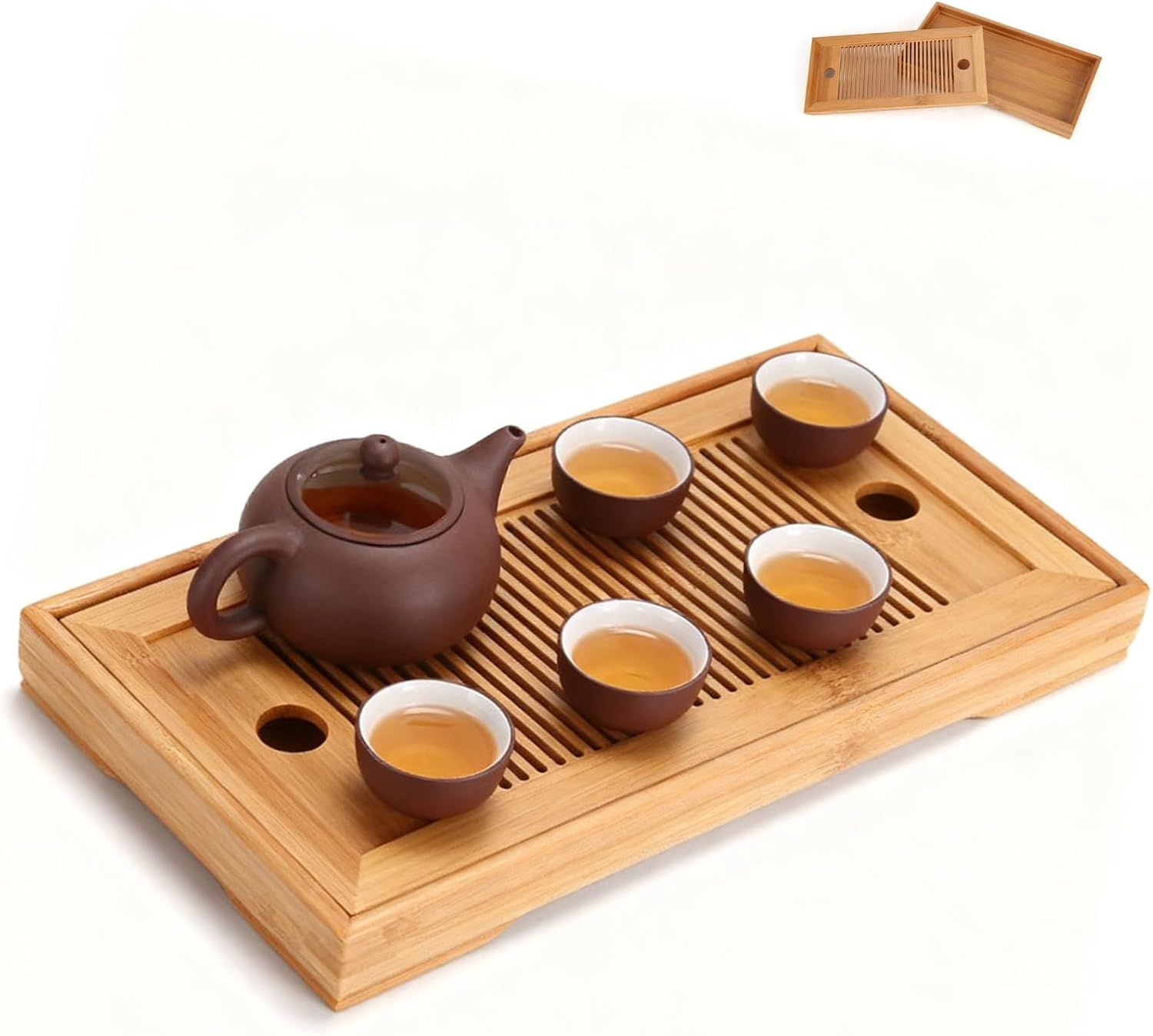 Candeon Bamboo Tea Tray, Chinese Gongfu Tea Tray, Kungfu Tea Table, Double Layer Tea Serving Tray, Tea Tray for Small Tea Set, Tea Serving Table for Tea House, Home Office, 27 X 14 X 3 Cm image number 4
