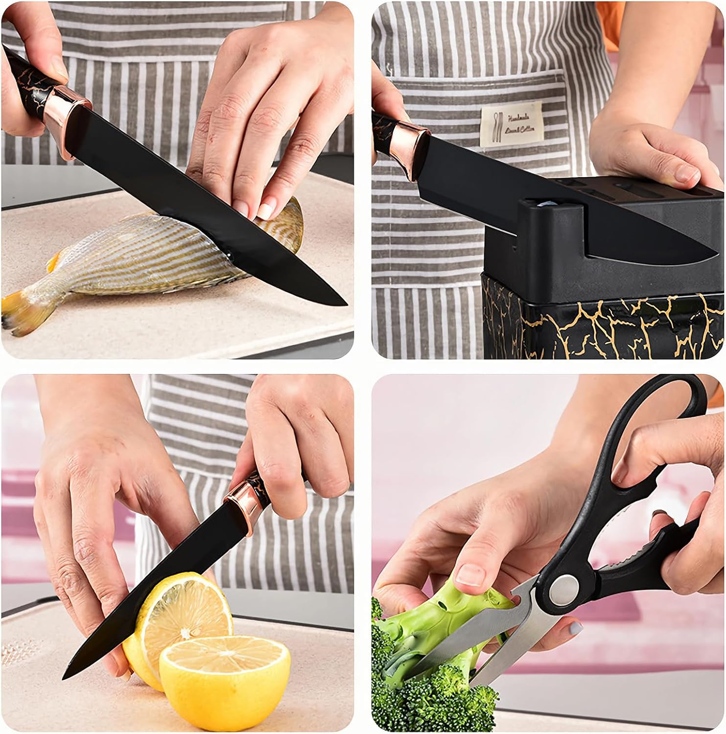 Knife Set, 7 PCS Stainless Steel Kitchen Knife Block Set with Built in Knife Sharpener, Black Non Stick Coated Knife, No Rust and Sharp Knife for Chopping, Slicing and Dicing, Best Gift, Golden image number 1