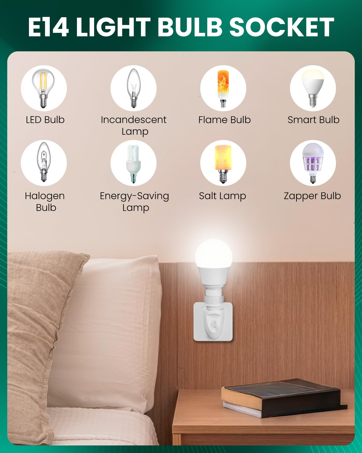 Lamptobe Night Light Plug In, E14 LED Light Bulb Socket Holder with On/Off Switch 2-Prong Outlet to Bulb Socket Adapter for Bedside Light, Night Light image number 5
