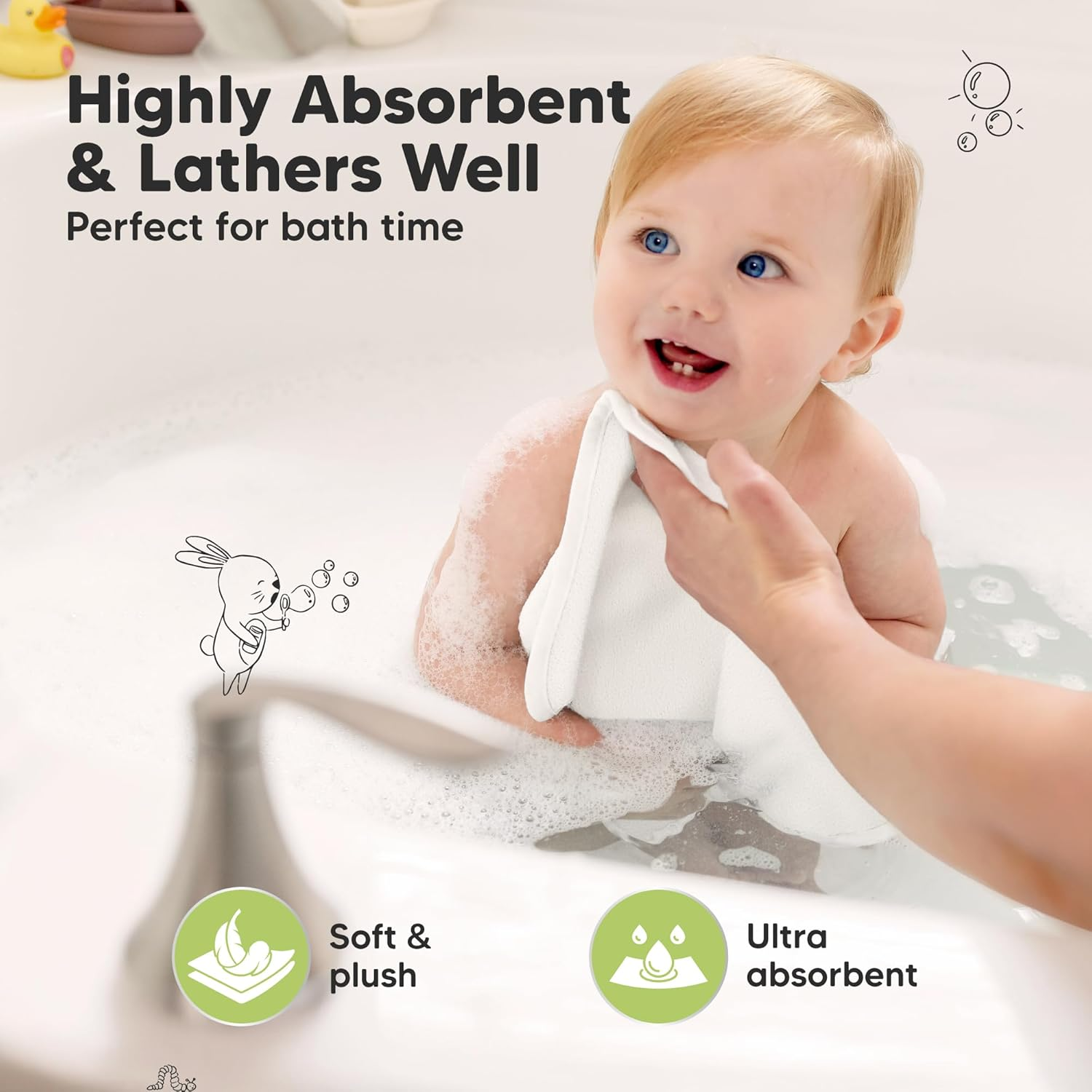 6-Pack Soft Baby Washcloths, Bamboo - Kids, Newborn Bath Towels, Infant Shower, Toddler Reusable Face Washer, Gentle on Skin, Baby Face Wash Cloth, 25X25Cm (White) - Candy Pop image number 2