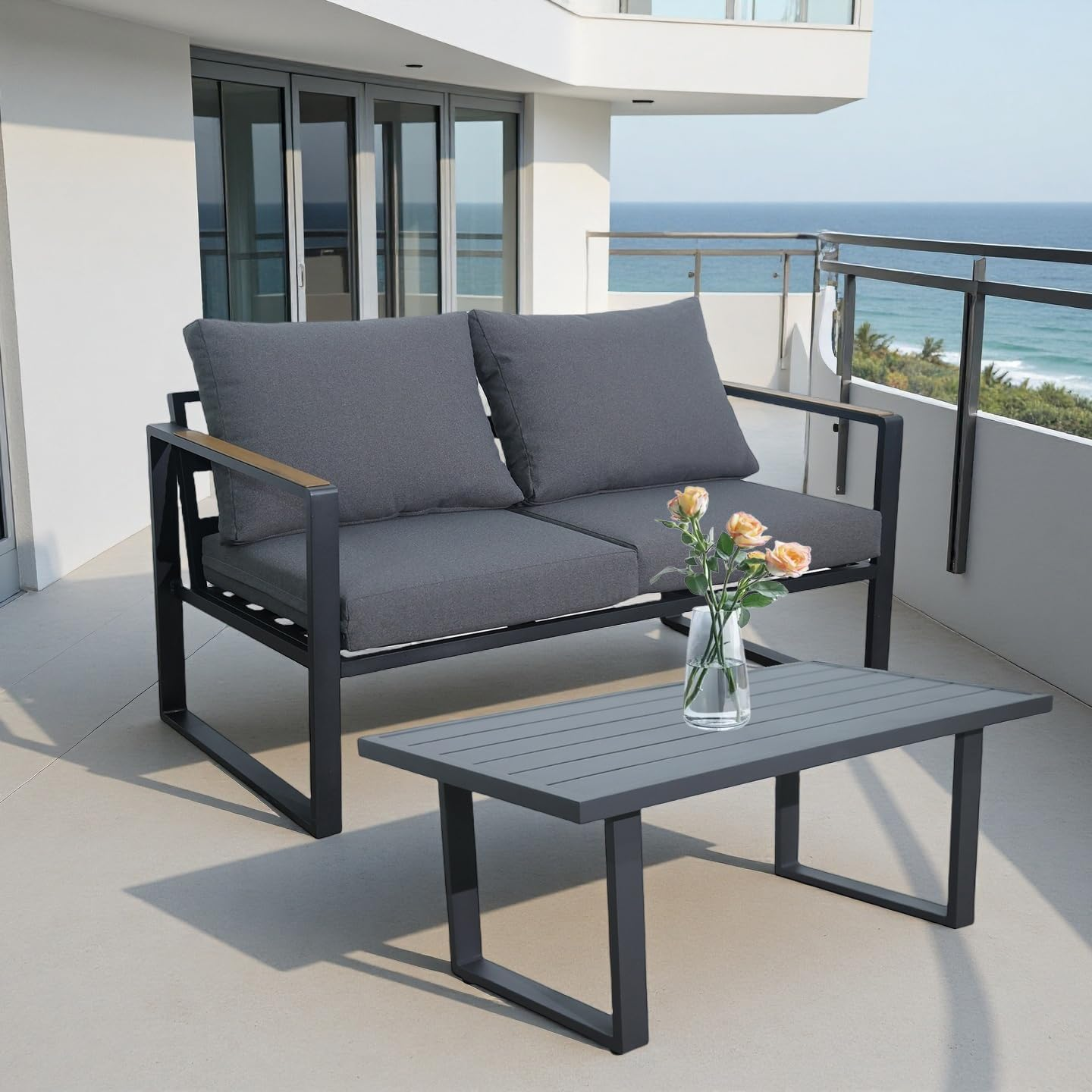 Patio Furniture Set 2 Seater Outdoor Sofa with Coffee Table, Aluminium 2 Piece Lounge Sectional Patio Conversation Sets with Washable Thick Cushion for Porch, Balcony, Garden image number 3