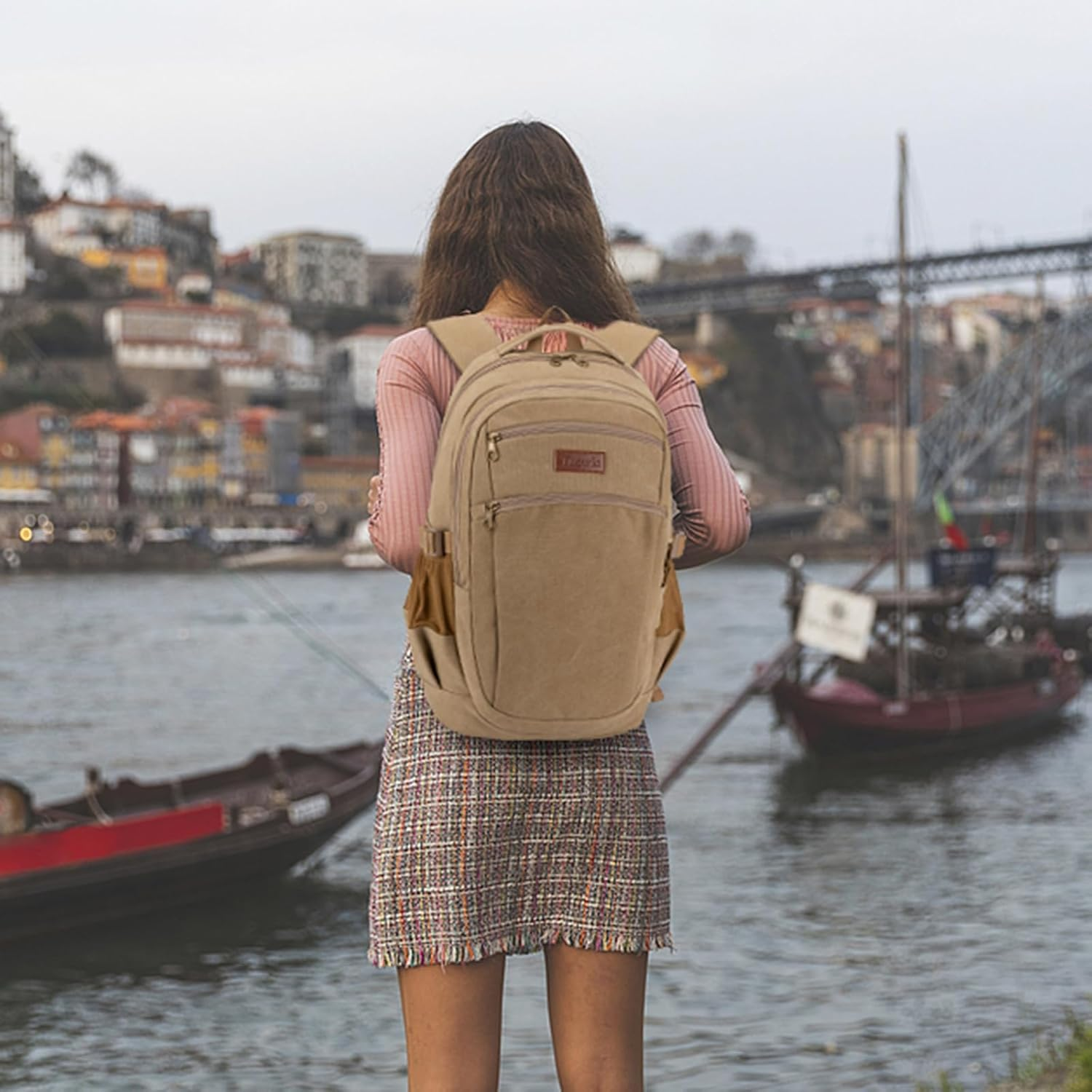 Tzowla Vintage Canvas Laptop Backpack for Men and Women,College Travel Work Rucksack Fit 15.6 Inch Laoptop - Khaki image number 5