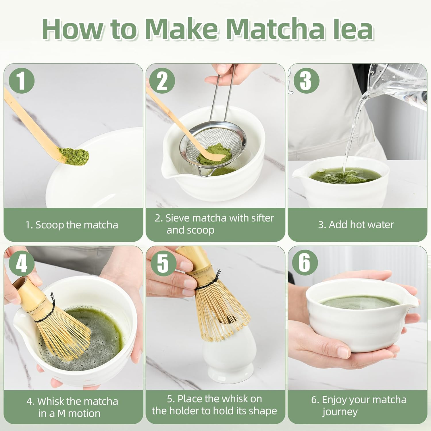 Matcha Whisk Set, Japanese Tea Set Includes Matcha Bowl with Spout, Matcha Whisk Stand, Bamboo Matcha Whisk and Bamboo Spoon, Matcha Powder Sieve, 17 Ounces White Ceramic Matcha Set (White) image number 6