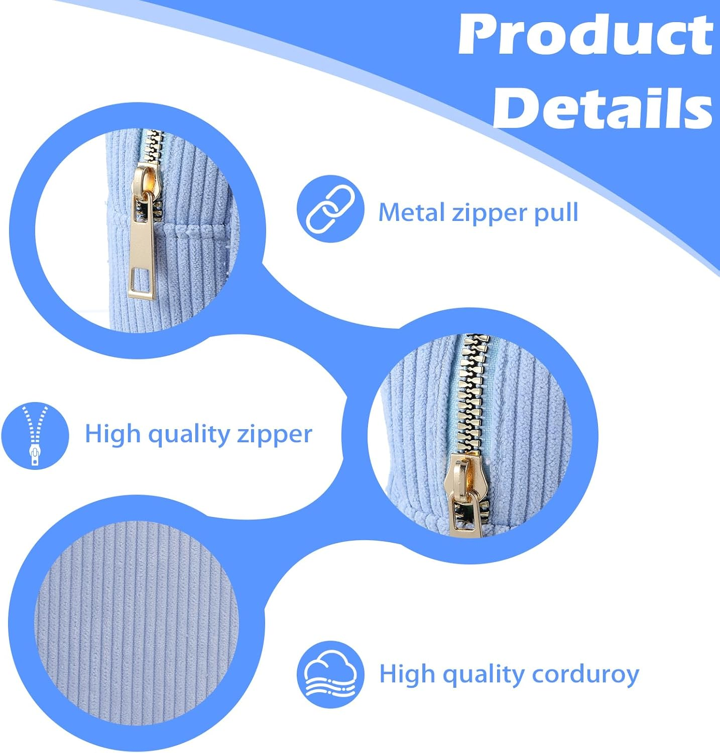 Period Bag for Teen Girls, Corduroy Sanitary Napkin Storage Bag, Cute Cosmetic Pouch for Women with Slip-In Pockets, Sky Blue