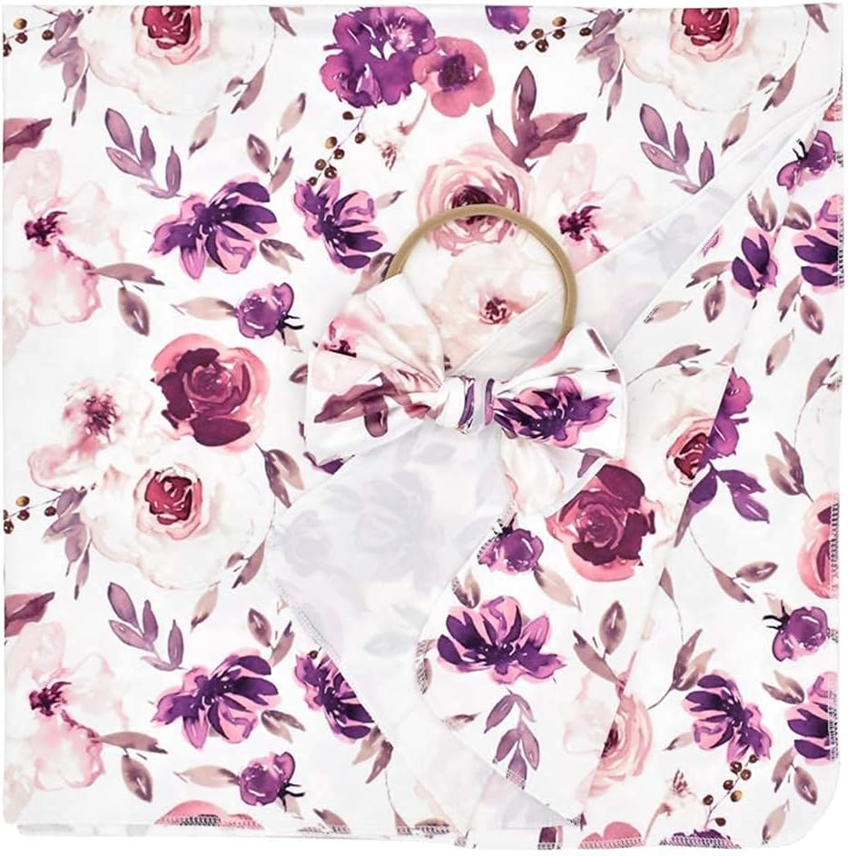 35X35Inch Infant Floral Swaddle Wrap with Headbands Set Newborn Receiving Blanket Photography Props (Purple) image number 5