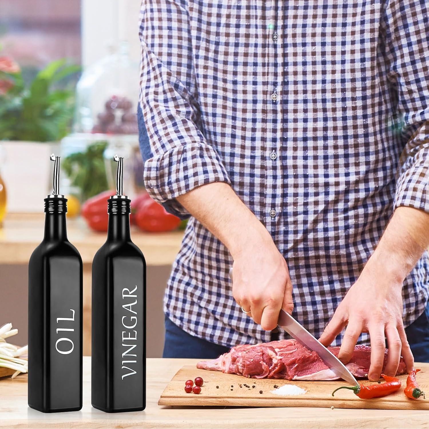 2 Pieces Oil and Vinegar Dispenser Set,Black & White Olive Oil Bottle Dispenser with Caddy Holder and Stainless Steel Spout,17Oz Cute Vintage Glass Cruet Set for Farmhouse Kitchen（Black） image number 2