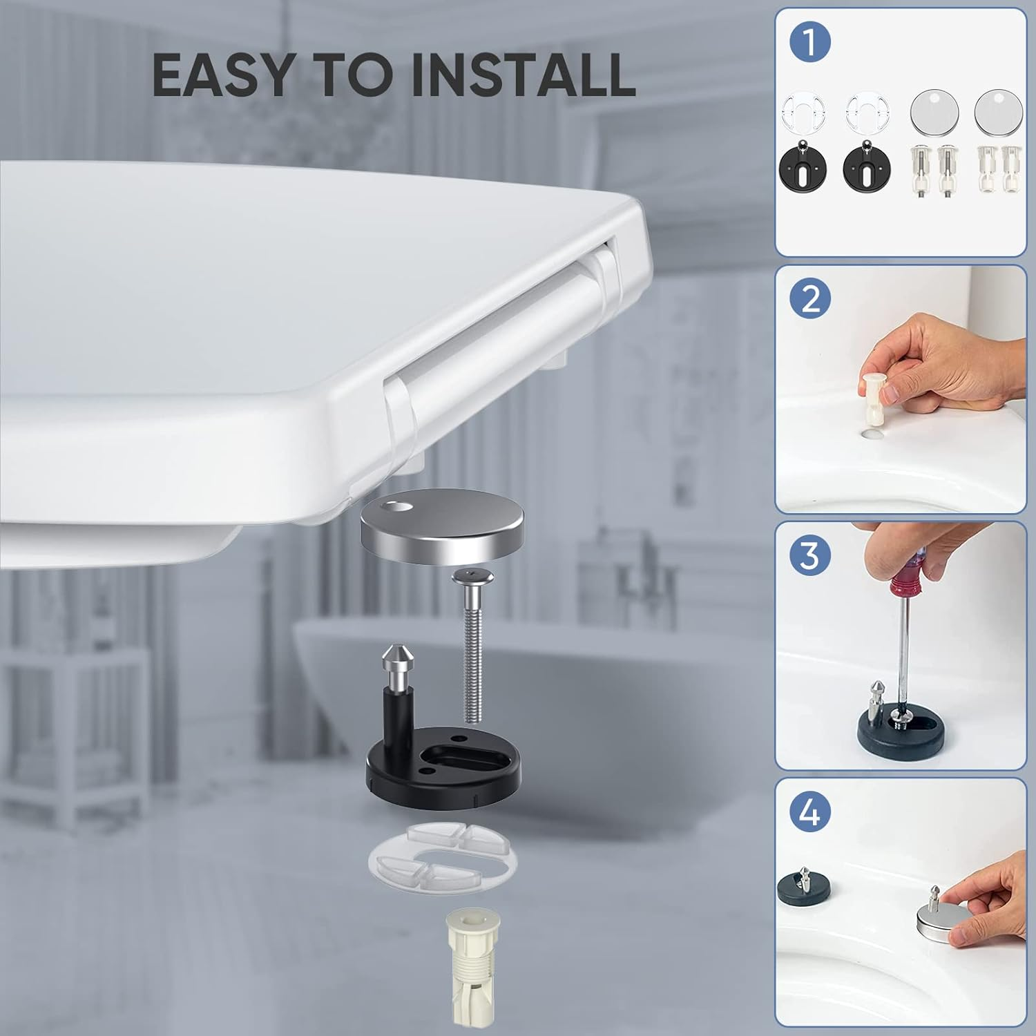 Toilet Seat, MUJIUSHI Soft Close Toilet Seats with Quick Release & Non-Slip Seat Bumpers, Simple Top Fixing, Standard Toilet Seats White with Adjustable Hinges, O Shape image number 4