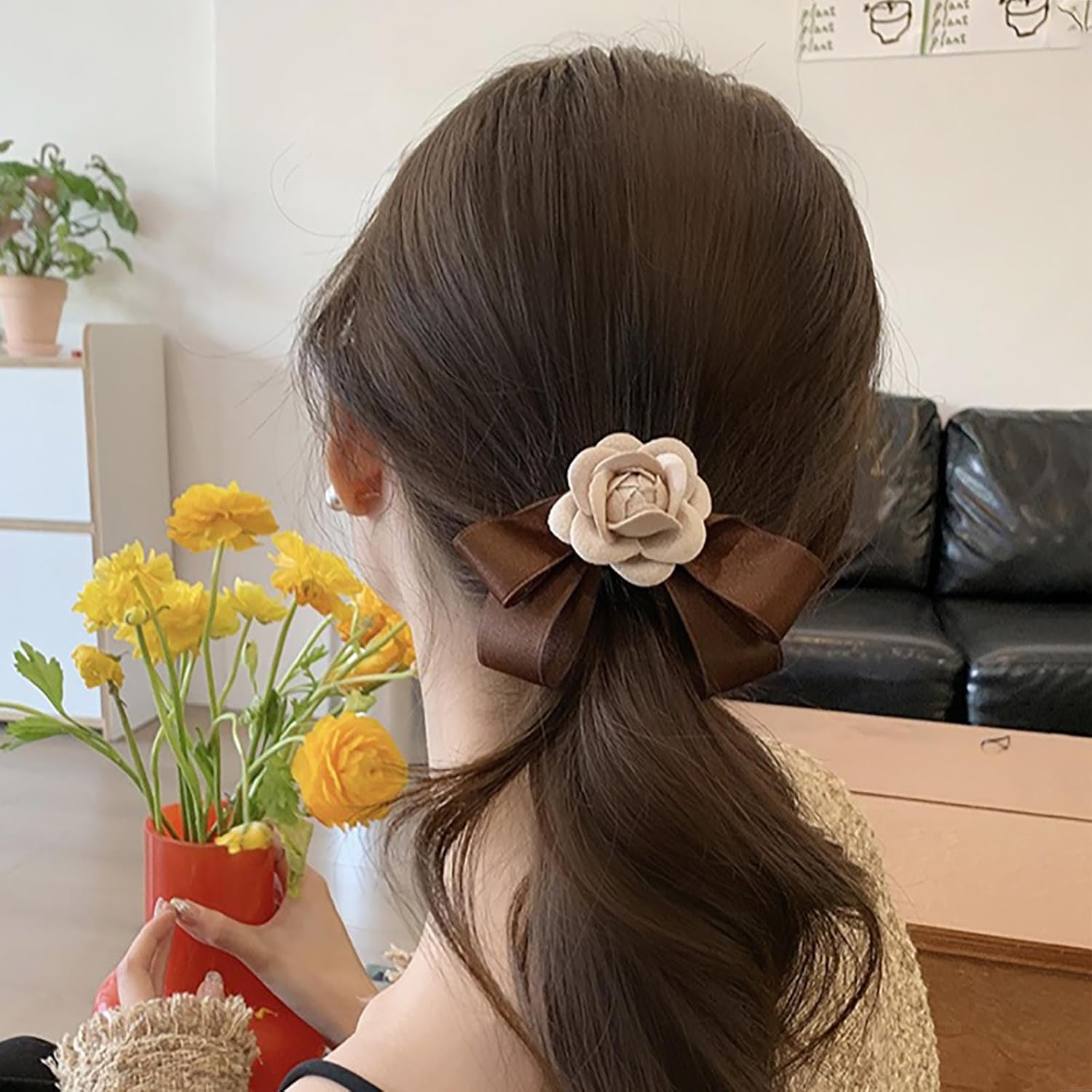 Inateannal Satin Hair Bow Clip for Women Brown Bow Hair Clip Silk Bow Knot Hair Clip Ribbion Camellia Bow Hair Clip Barrette Camellia Flower Hair Accessories for Women image number 6