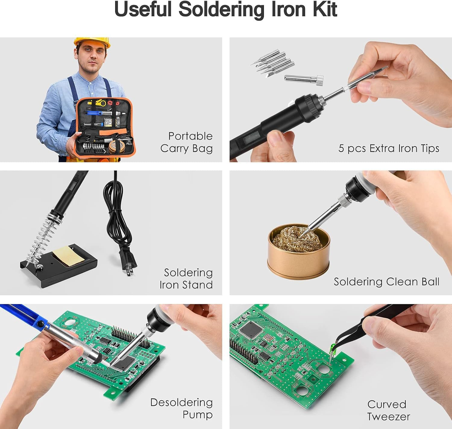 YVXUN Electronics Soldering Iron Kit, 80W Adjustable Temperature Welding Tool with LCD Display, 16 in 1 Kit, On/Off Switch, Solder Wire, 5Pcs Soldering Tips, Soldering Stand, Desoldering Pump