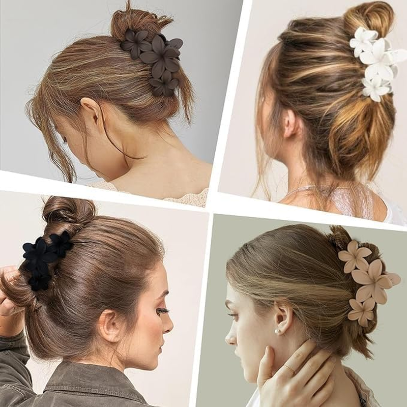 Flower Hair Claw Clips, 4-Pack, Matte Non-Slip Design, Large Plumeria Style, Thick Hair Accessories (Black) - Black image number 6