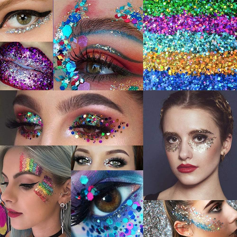 12 Boxes Hexagon Shape Sequins Face Glitter Chunky Glitters Flakes Colorful for Makeup Hair Nail Art Decoration image number 1