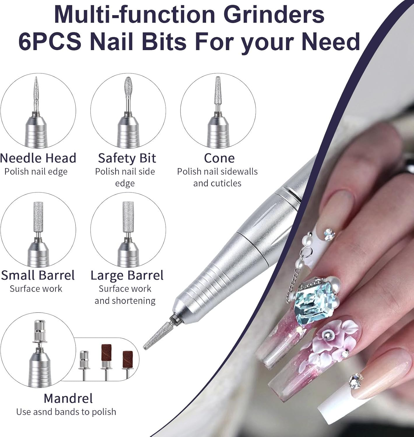 Bouzaak Professional Portable Nail Drill Kit - 45000 RPM Rechargeable Electric Nail File with 6 Bits, Cordless Low Noise for Acrylic Gel Nails, Manicure & Pedicure for Salon Home (White) image number 1