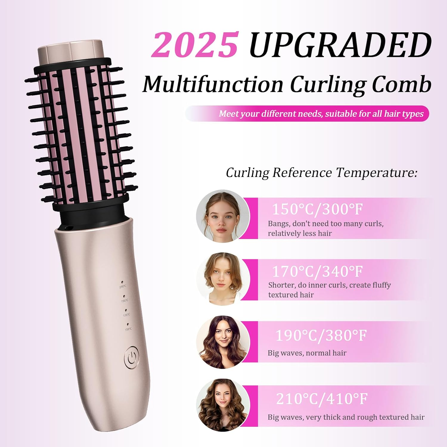 Cordless Hair Curling Iron Brush, Travel Curl Brush, 3-In-1 Portable Curling Iron Cordless, Plasma Thermal Hair Brush, 7000Mah USB Rechargeable Curlings Wand, Mini Hot Curlings Brush-Blush Pink - Blush Pink image number 4