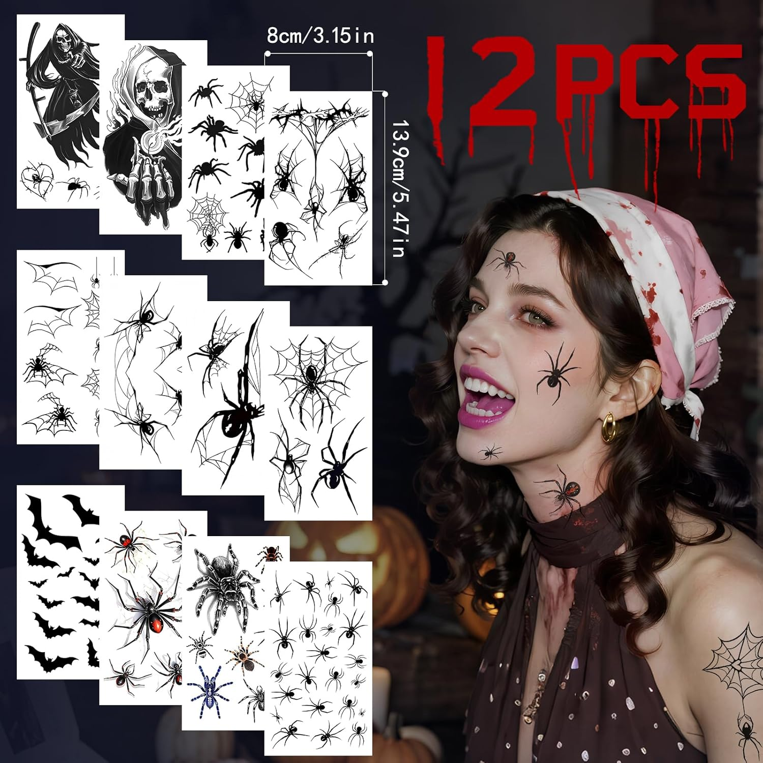 12 Sheets Face Tattoo Carnival, Large Size Bat Spider Tattoo, Adults Children Halloween Fancy Dress Tattoo Witch Accessories for Carnival Make-Up Halloween Masquerade Party - Bat image number 6