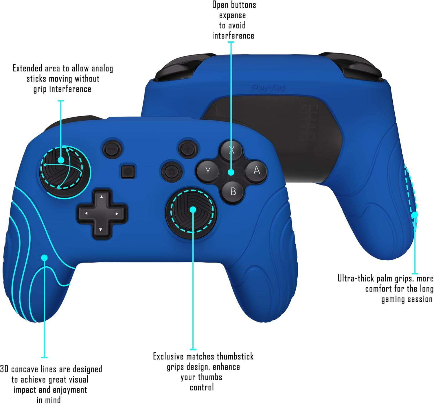 Playvital Samurai Edition Ergonomic Silicone Skin Protective Case for Nintendo Switch Pro Controller, Soft Anti-Slip Controller Grip Protector for Nintendo Switch Pro with Thumb Grip Caps - Blue - Blue image number 4