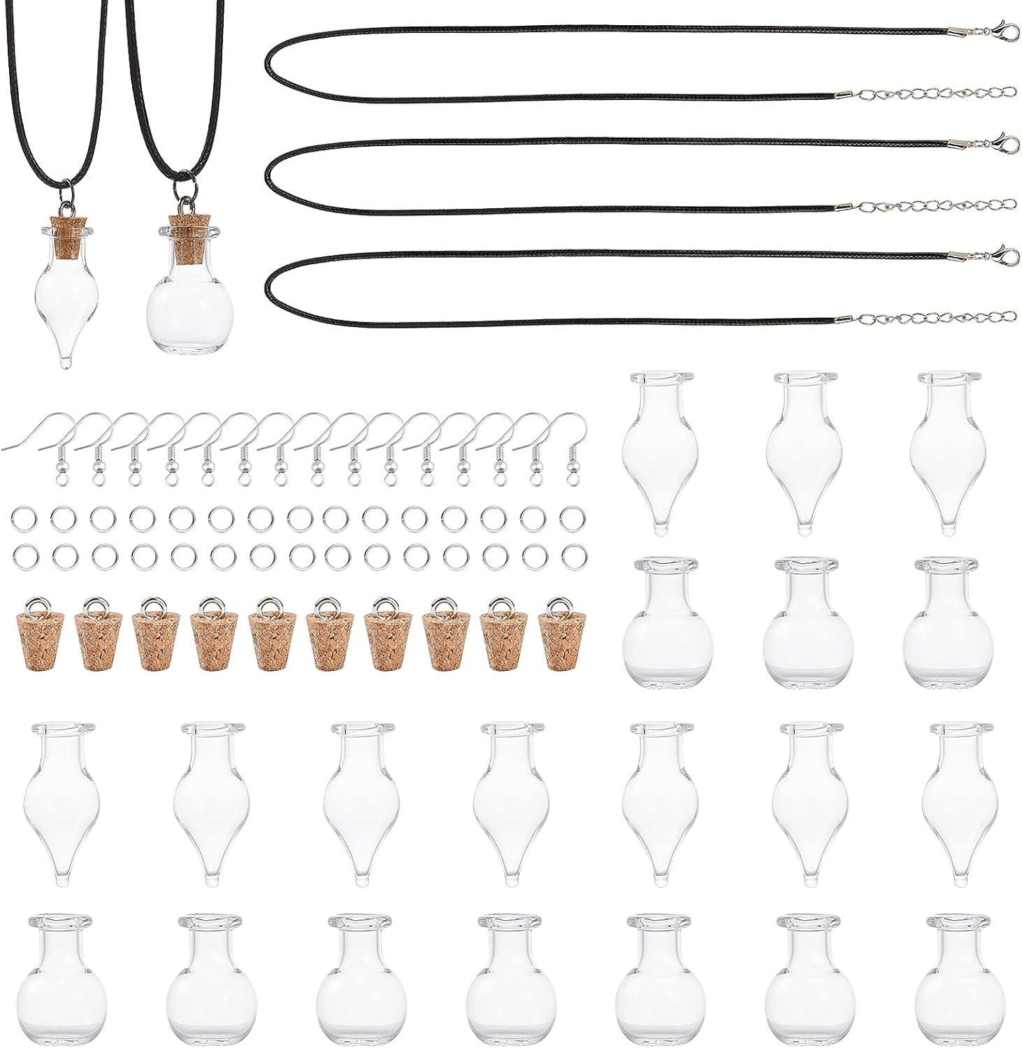 SUNNYCLUE 2 Styles 20 Set Mini Glass Bottle Wish Earrings Making Kit Waxed Cotton Cord & Earring Hooks Teardrop round Clear Globe Charms Pendants for DIY Earring Necklace Jewellery Making Kits - Silver,Transparent image number 7