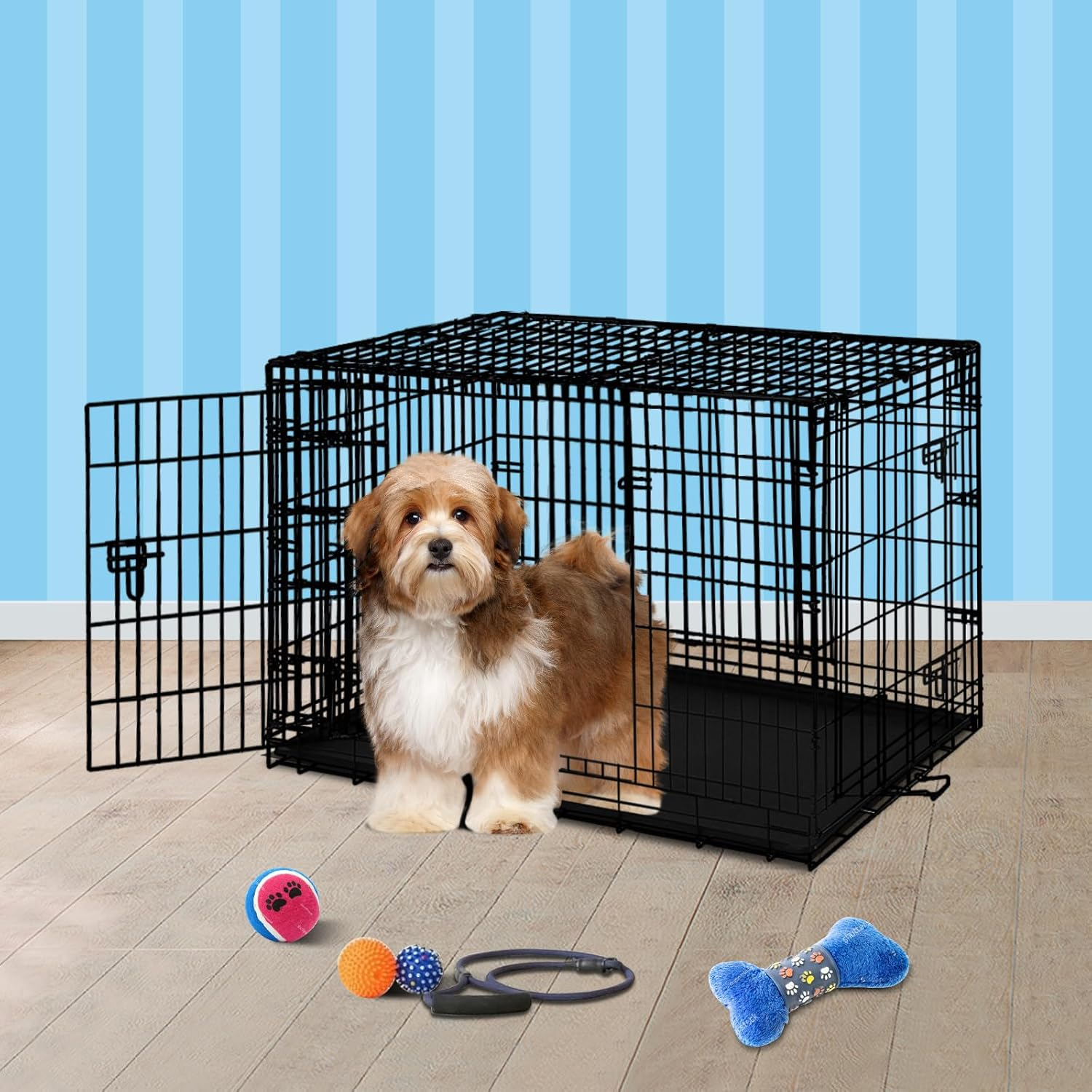 BEASTIE Portable Dog Crate Cage with Removable PP Tray, Foldable Animal Cage Kennel for Rabbit Chicken Cat Guinea Pig, Foldable Metal Wire Pet Cage with 3 Doors, 24 Inch,60 X 45 X 51 CM image number 6