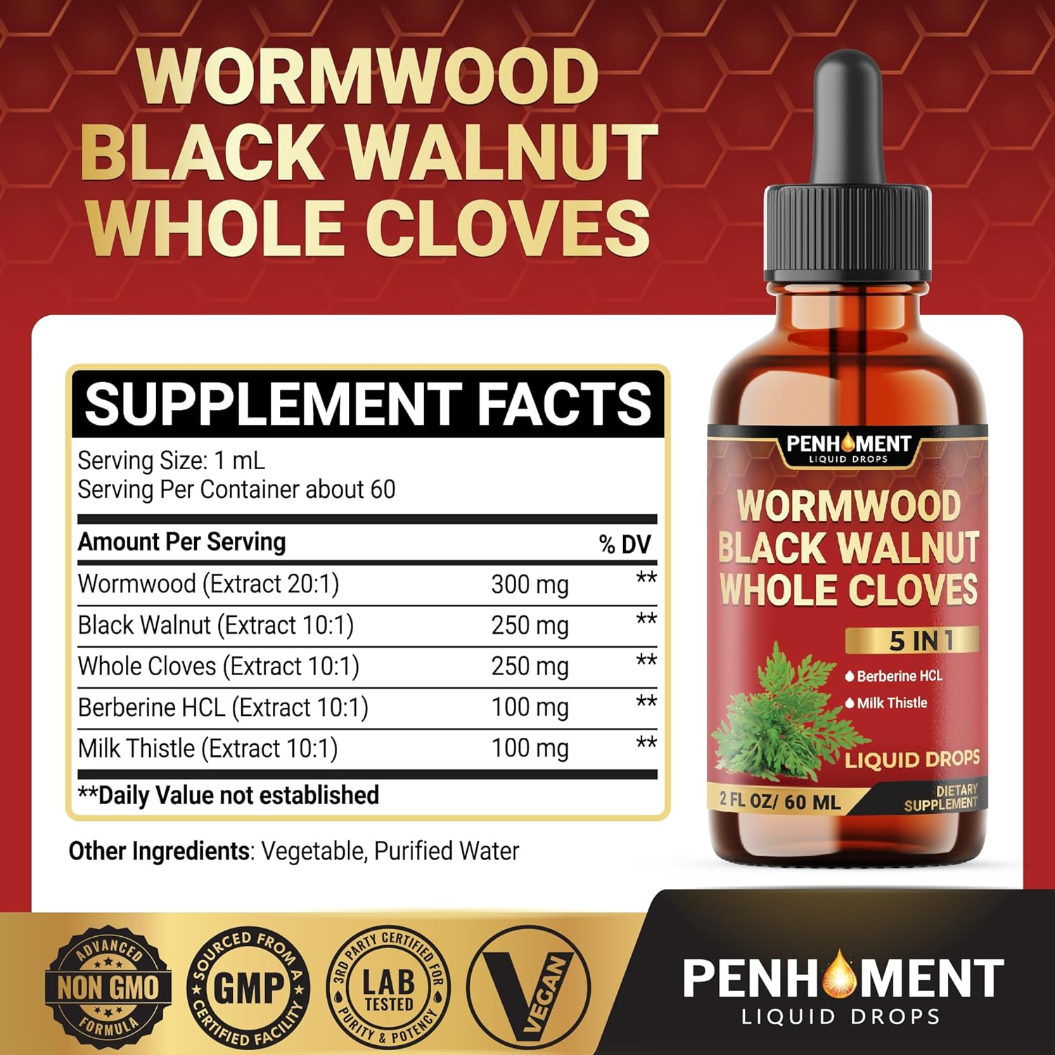 Penhoment 5In1 Wormwood Liquid Drops - Black Walnut Cloves Extract, Berberine, Milk Thistle - 2 Fl Oz - 60 Days Supply