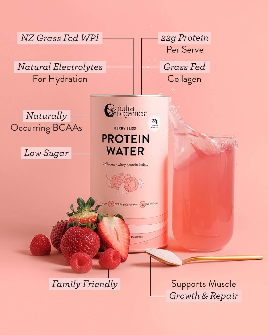 Nutra Organics Protein Water Mixed Berry 450G | Hydrating Protein & Collagen Boost for Energy, Recovery and Lean Muscle (15 Serves) image number 1