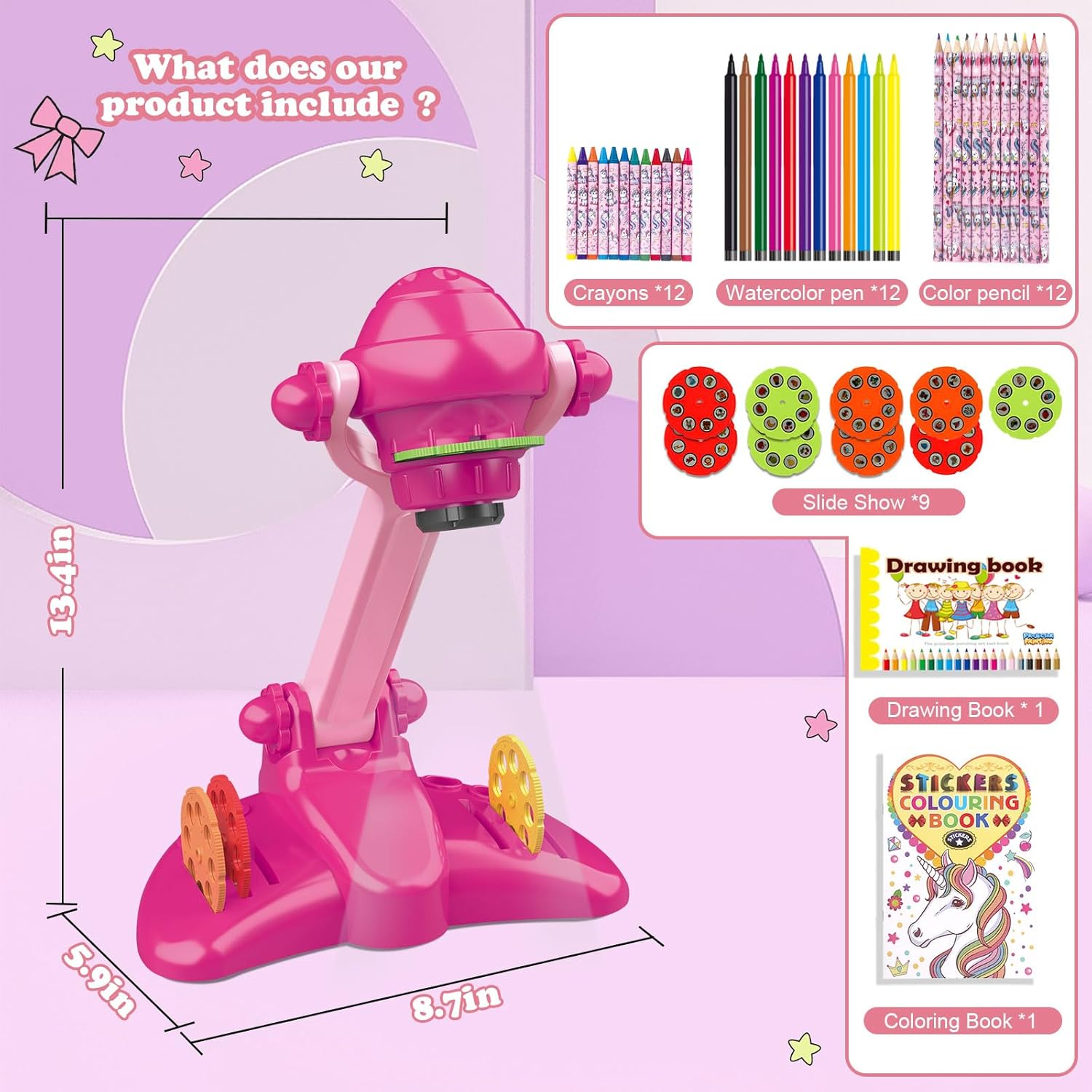 Hoarosall Drawing Projector for Kids, Art and Craft Kit, Toys for Girls Aged 3+, Drawing Supplies, Including Colored Pencils, Crayons, Coloring Books,For 3+ Year Old Girls (Rose Red) image number 1