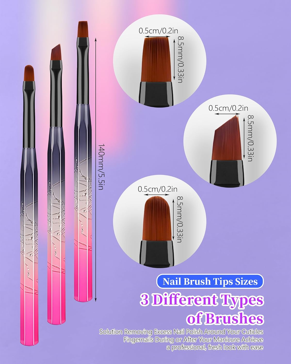 Amilhiton 3PCS Nail Polish Clean up Brush, Round&Flat&Bevel Acetone Resistant Nail Brush for OPI Nail Polish Remover, Fingernail Cleaning Brushes at Home Nail Art and Designs(Gilded Pink)