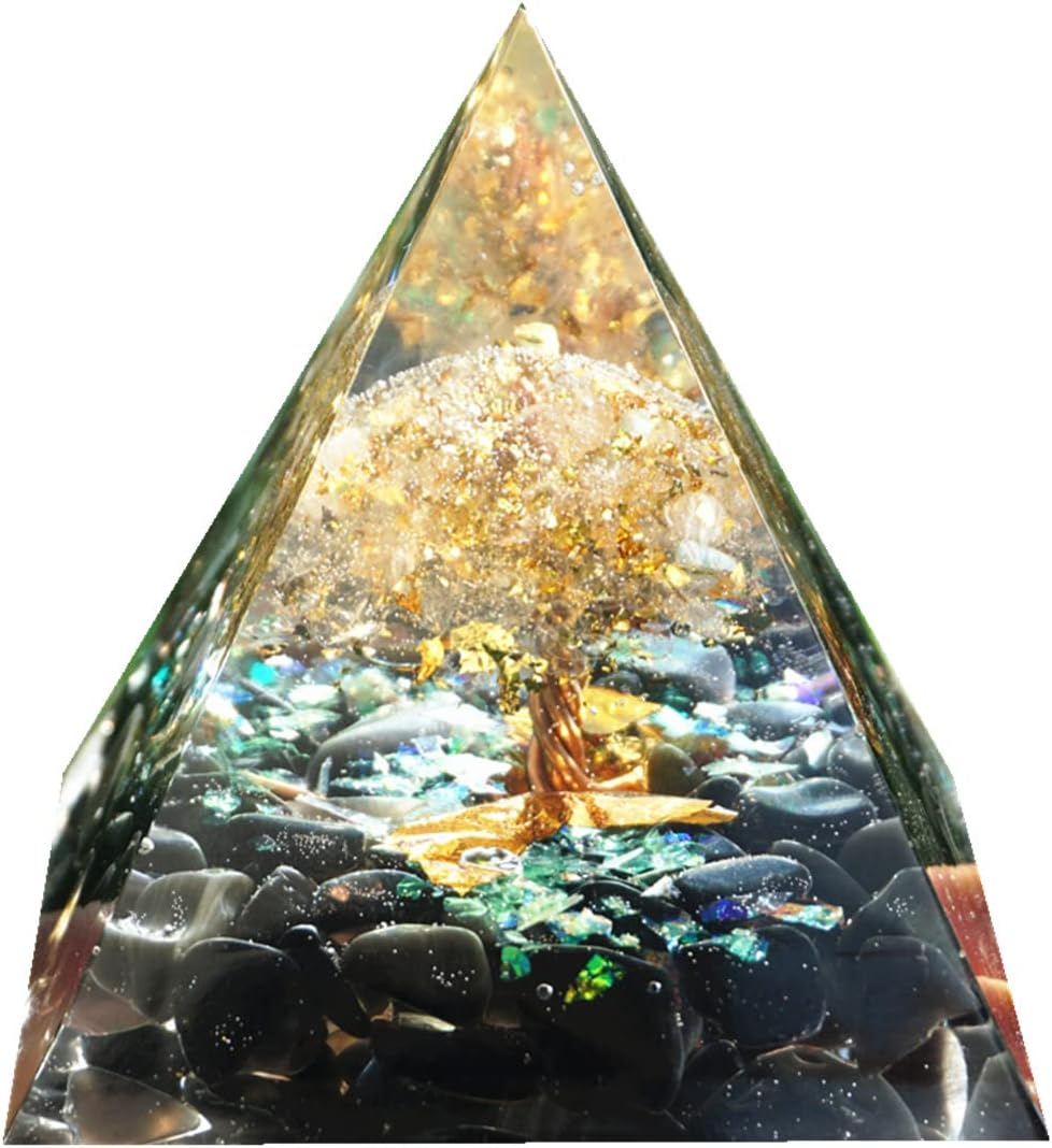 Tree of Life Orgonite Pyramid Kit White Quartz with Obsidian Stone Positive Reiki Energy Generator Crystal Healing Orgone Collection Wealth Lucky Meditation Tool
