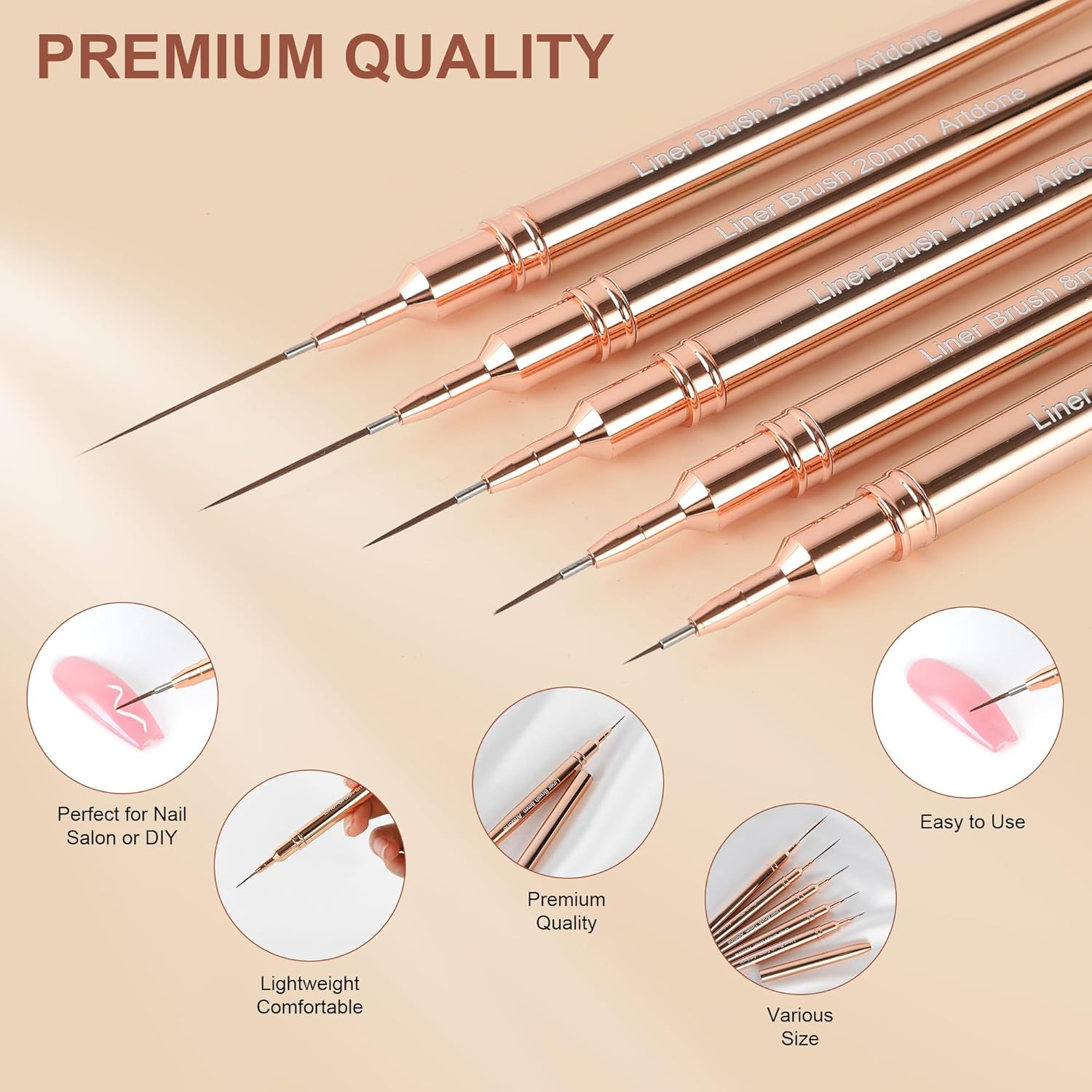 Artdone Metallic Nail Art Pens, Liner Brushes Set, 5PCS Copper Color Nail Tools for Long Lines, Thin Details, Fine Drawing, Liner Brush UV Gel Polish Painting Nail Design Sizes 5/8/12/20/25Mm image number 4