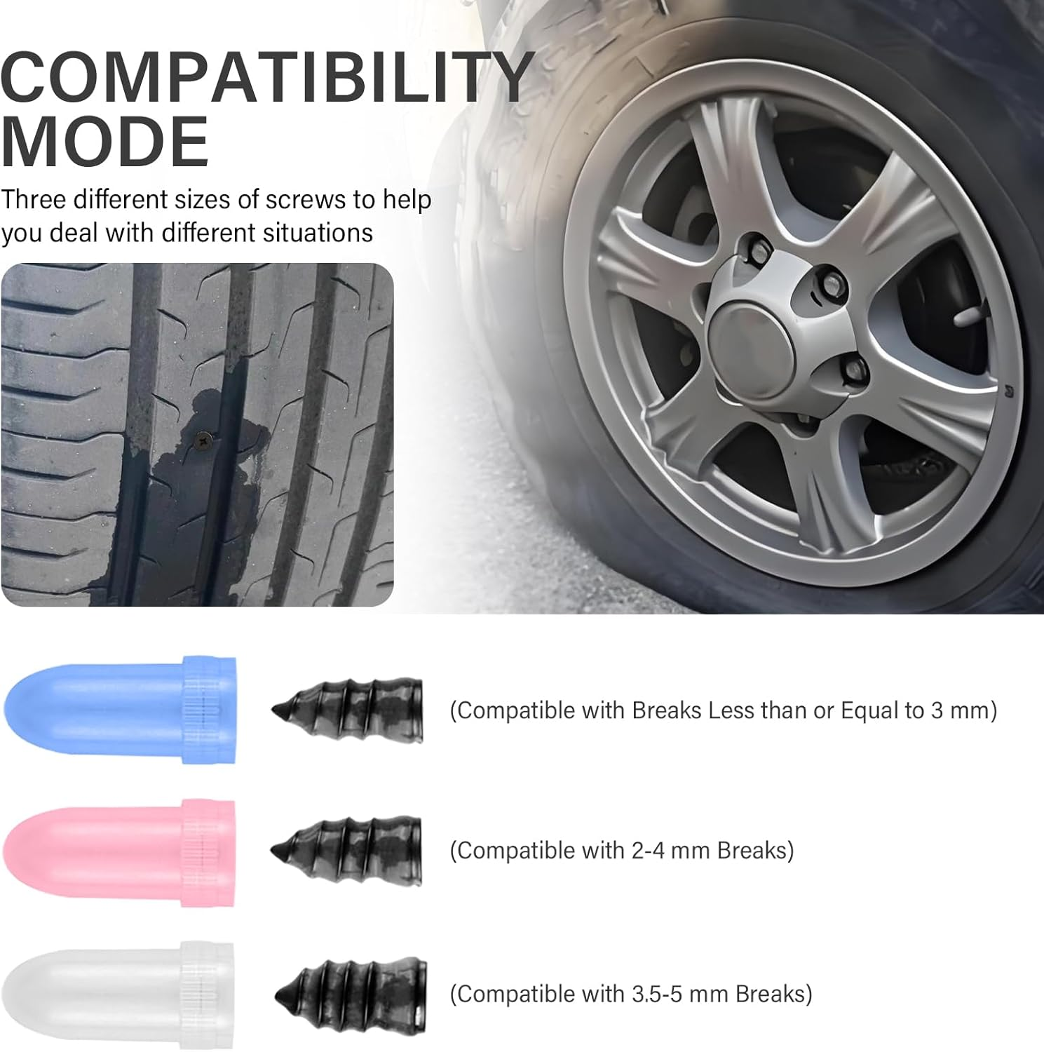 100PCS Tire Screw Plug Repair Kit,Self-Service Tire Repair Kit Includes 3 Sizes of Screw in Tires Plugs & Screwdriver for Quick Repairs,Professional Tires Repairs Rubber Nail image number 1