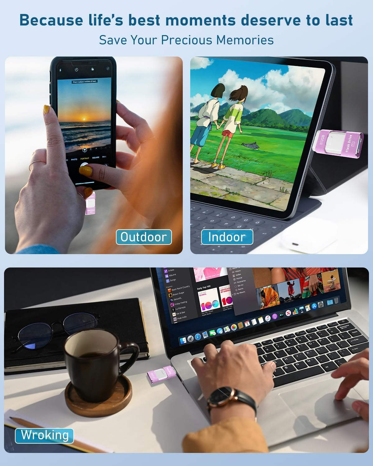 512GB 4In1 USB Flash Drive for Phone, No App Needed,Photo Stick, USB 3.0 Memory Stick for Data Storage, Compatible with Phone,Pad,Android and PC, Includes USB-C Cable, Adapter & Lanyard (Purple) - Gold image number 4