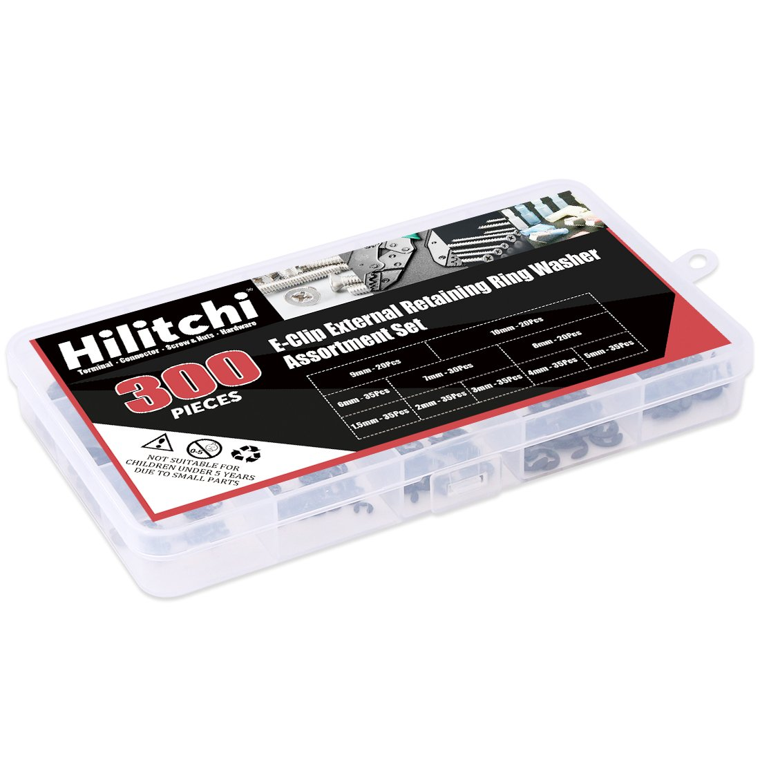 Hilitchi 300-Pcs Alloy Steel E-Clip Circlip External Retaining Ring Assortment Set - 1.5Mm to 10Mm image number 2