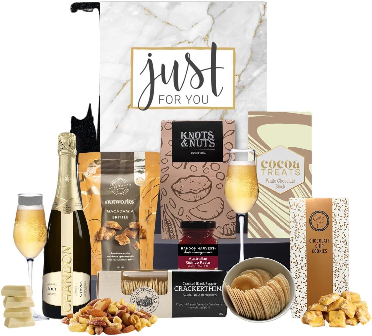 Celebrate with Bubbles Hamper. Chandon, Nutworks Macadamia Britte, Cracker Pepper Crackerthings, Quince Paste, Salted Mixed Nuts, White Chocolate & Choc Chip Cookies.