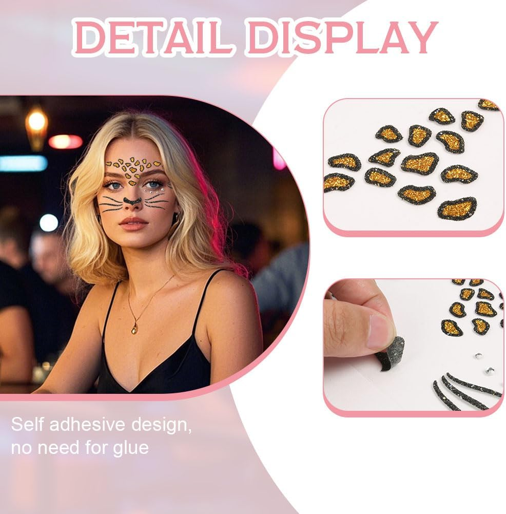 Alaoo Face Tattoo Carnival, Face Art Sticker Leopards, Temporary Tattoos, Tattoo Face, Glitter Stones Face Make-Up, Removable Glitter Face Stickers for Halloween, Theme Party