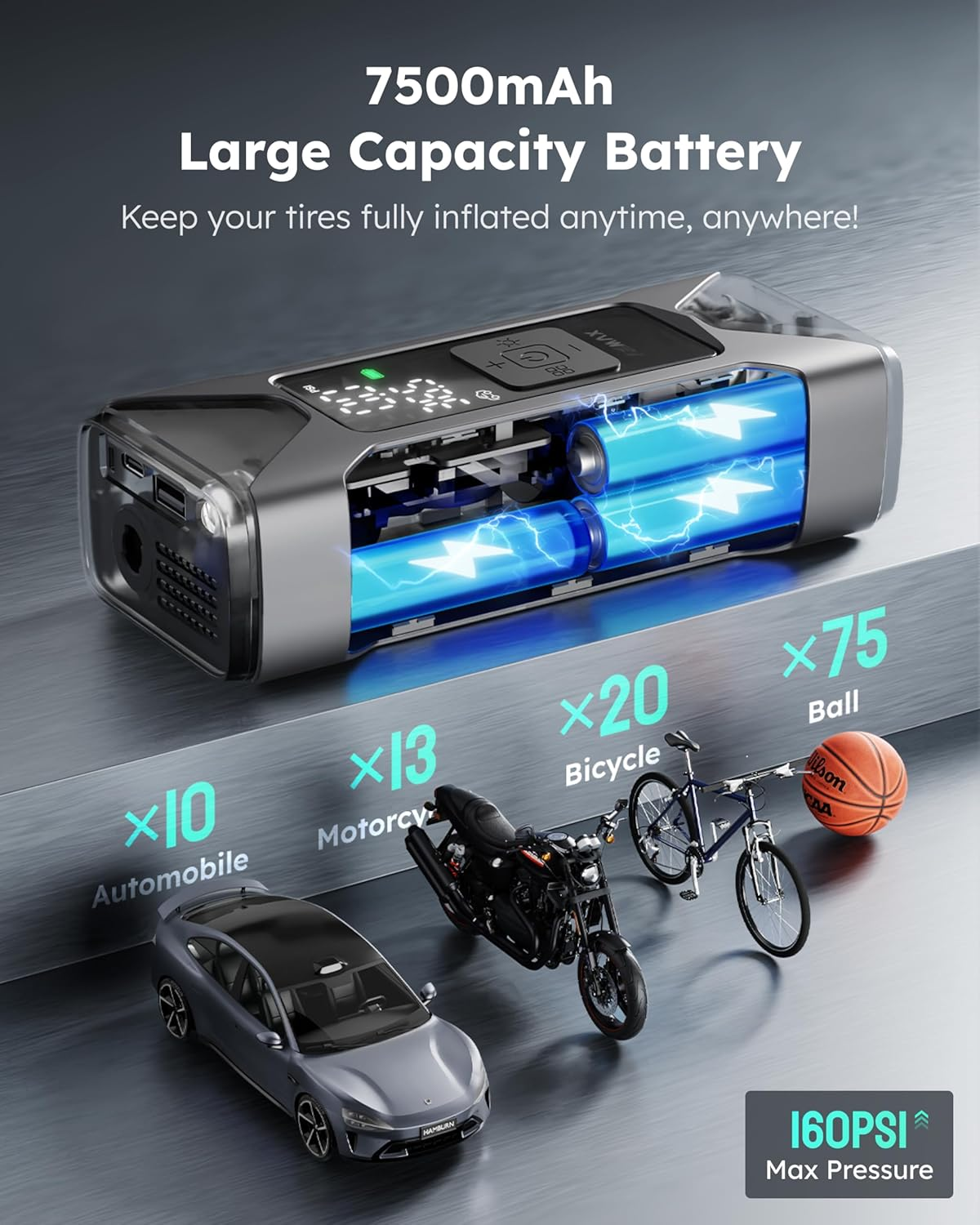 ASMAX Portable Tire Inflator Air Compressor - Fast 7500Mah Rechargeable, Digital Pressure Gauge, One-Click Smart Pump for Car, Motorcycle, Bike, Ball - Emergency LED Light & Power Bank image number 3