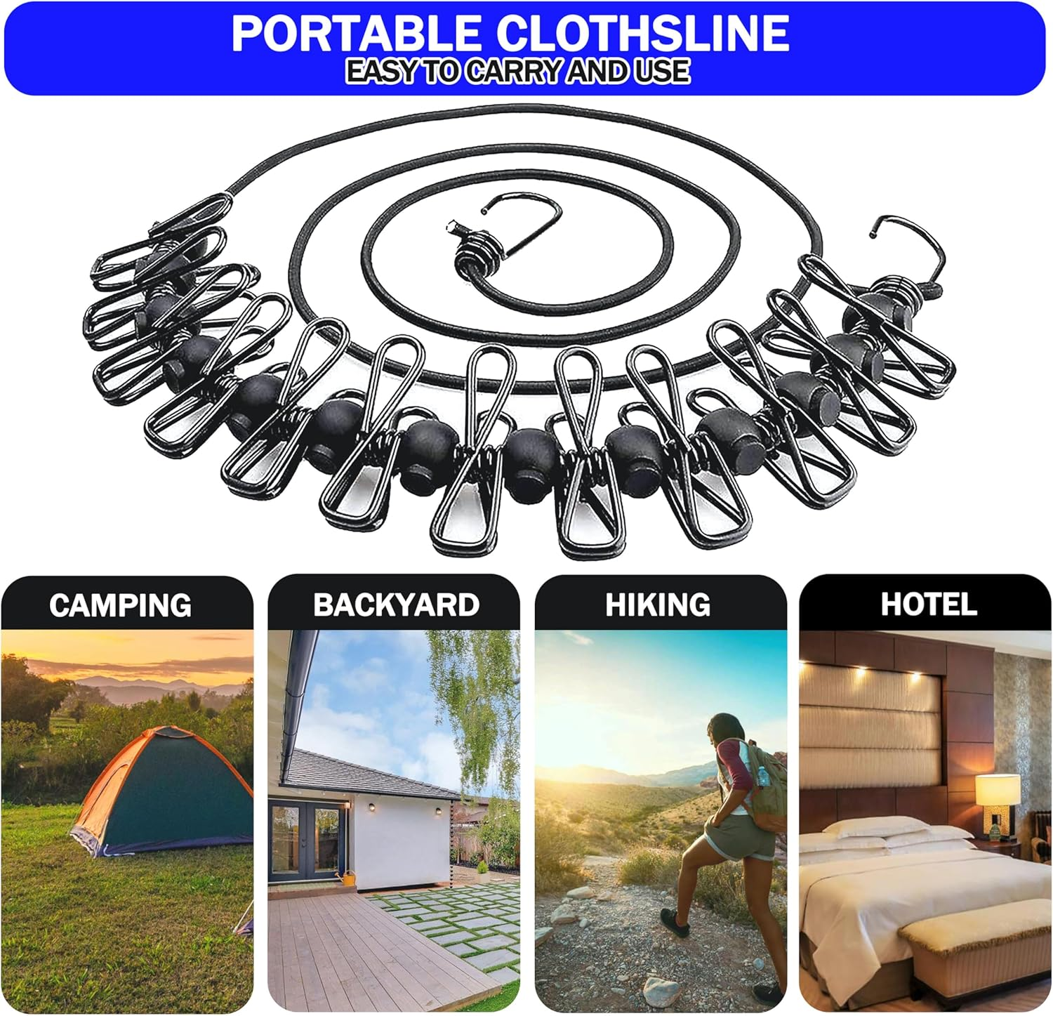 Portable Clothesline with 12 Clothespins, [2 Pack] Gvtech Windproof Travel Clothesline Stretchy Retractable Elastic Laundry Clothes Line for Backyard Vacation Hotel Balcony Clothes Drying (Black+Blue) image number 1
