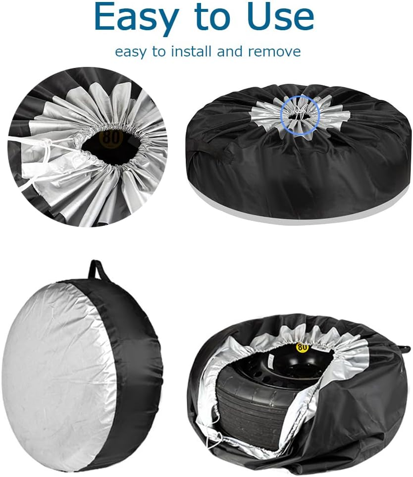 4 Pack/Set 210D Oxford Wheel Covers, Storage Tote Bags with Handle,Adjustable Waterproof 32In Tire Covers Protection Covers in Diameter-Black/Silver (L：Fits Tire Diameters 29''-31.75''/73-80Cm) image number 1
