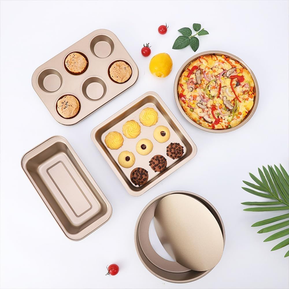 Baking Pans Nonstick Set, Bakeware Sets with round Square Cake Pan, Muffin Pan, Loaf Pan, Roast Pan, Baking Sheets for Oven, Kitchen Cookware Sets Baking Supplies 5-Piece, Gold image number 1