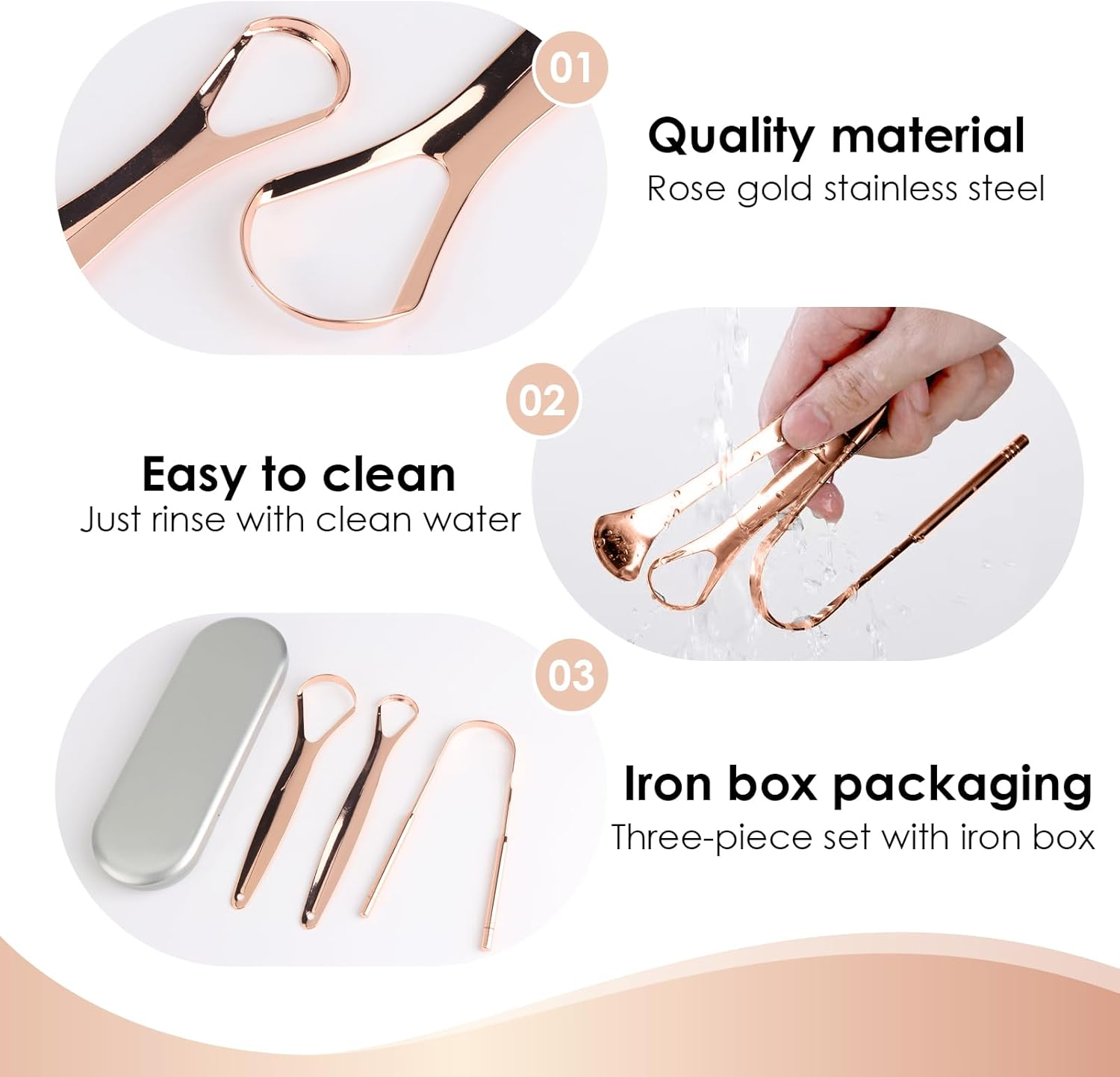 4Pcs Stainless Steel Tongue Scraper Set, Iron Box - Tongue Scraper & U-Shaped Tongue Cleaner, Oral Hygiene Products - Effective Tongue Raser for Fresh Breath, Healthier Smile Rose Gold