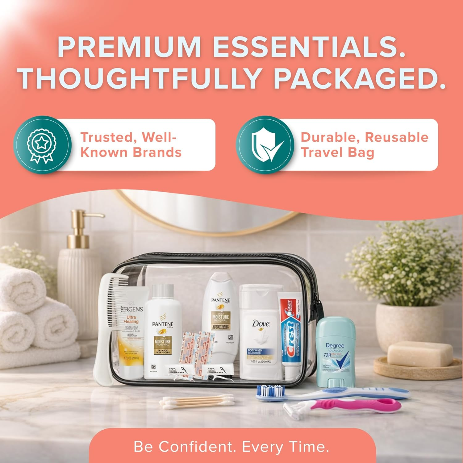 Trektote Travel Toiletry Kit for Women &ndash; 15 Piece Set of Premium Travel Size Toiletries, TSA Compliant Travel Essentials, Includes Shampoo and Conditioner, Body Wash, Toiletry Bag & More image number 5