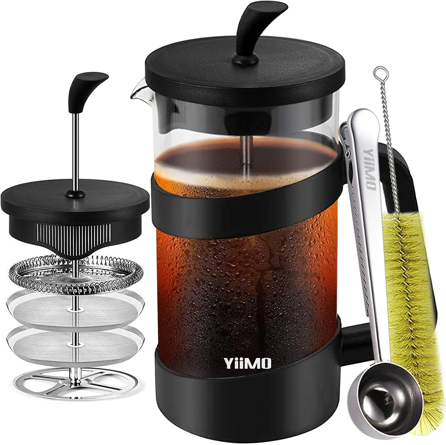Yiimo French Press Coffee Maker, 34 Oz Large Glass Pitcher 4 Level Filter System Caf&eacute; Carafe Teapot plus Stainless Coffee Spoon N Cleaner Brush for Hot Cold Brew image number 4