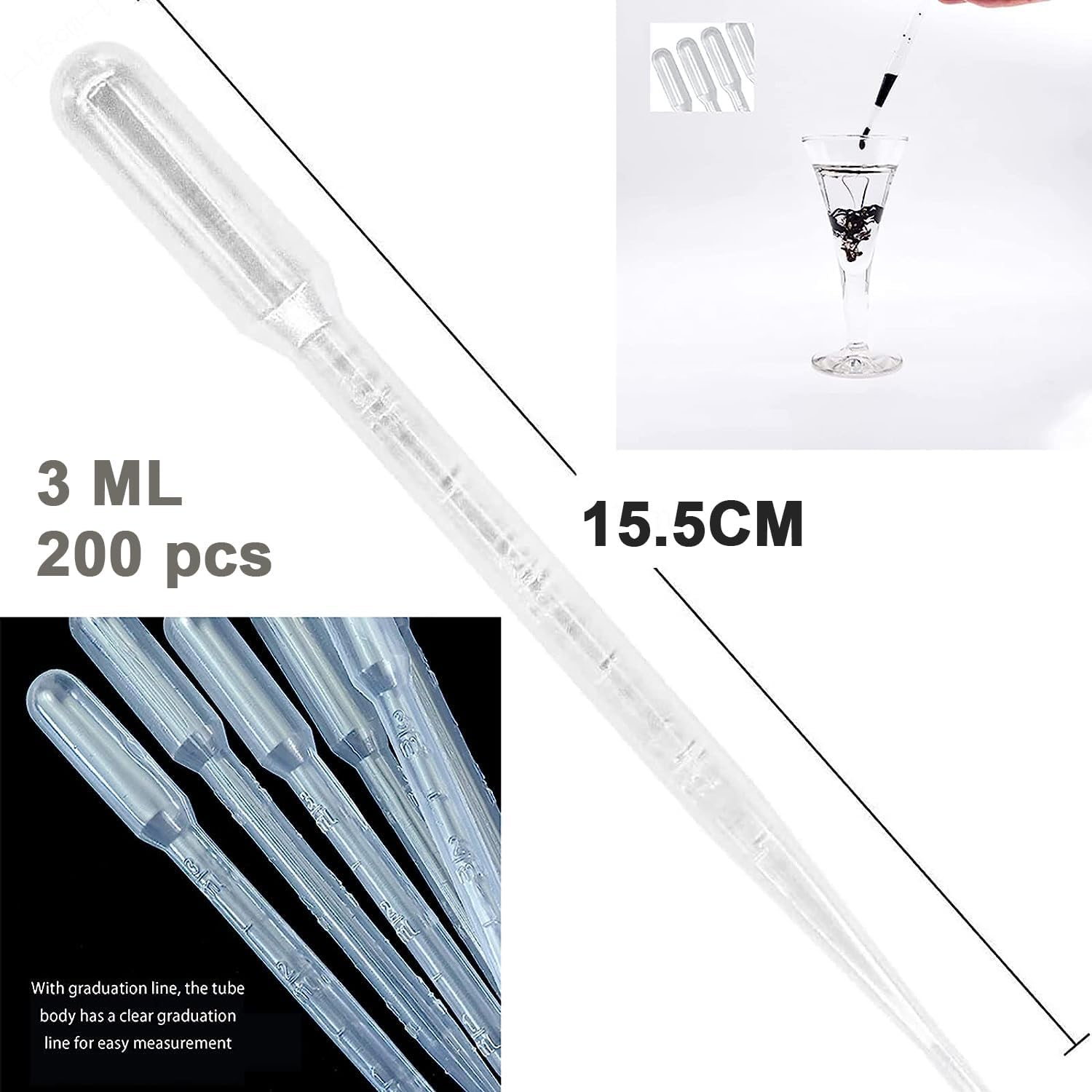 200Pcs Graduated Transfer Plastic Pipettes Eye Dropper 3ML Washable Pipettes for Essential Oils image number 1