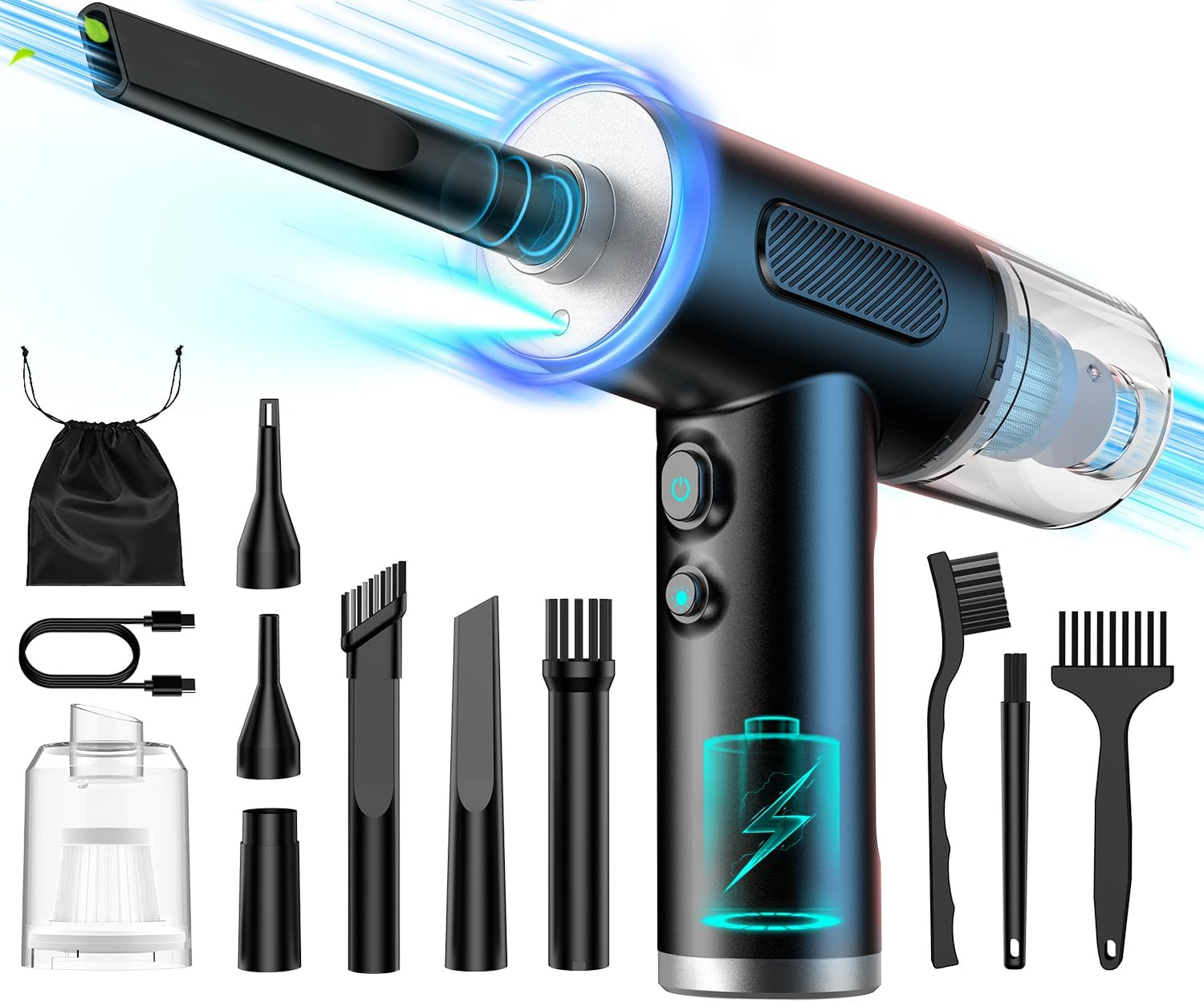 AKLIFFE Electric Dust Blower Compressed Air Spray 2-In-1, 3-Speed 120,000 Rpm, 12Kpa Compressed Air Duster Air Pressure Spray with 7800 Mah Battery, Keyboard Cleaning for PC, Car, Sofa image number 5