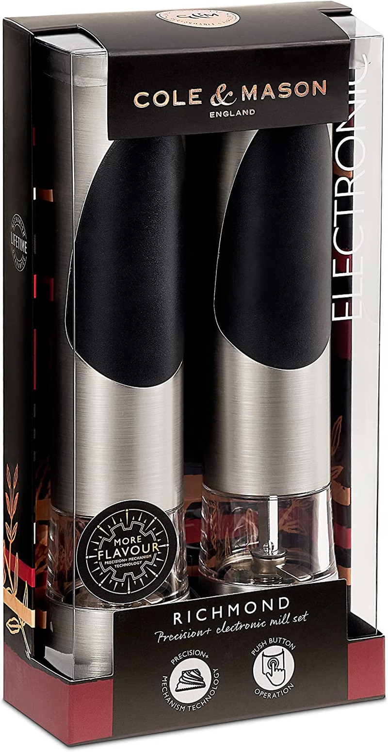 Cole & Mason Richmond Salt and Pepper Mill Gift Set - Electric Grinders with Adjustable Grind Mechanism, One-Handed Operation, Stylish Design, Cooking and Dining Experiences, 215Mm - Silver
