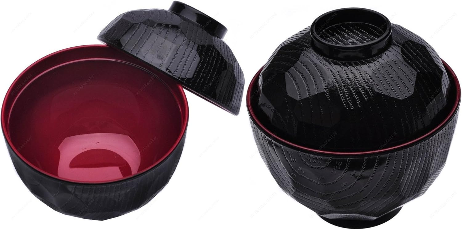 Japanbargain 1904X2, Set of 2 Miso Soup Bowl with Lid Japanese Rice Bowl Traditional Plastic Lacquered Black and Red Bowl Made in Japan image number 2