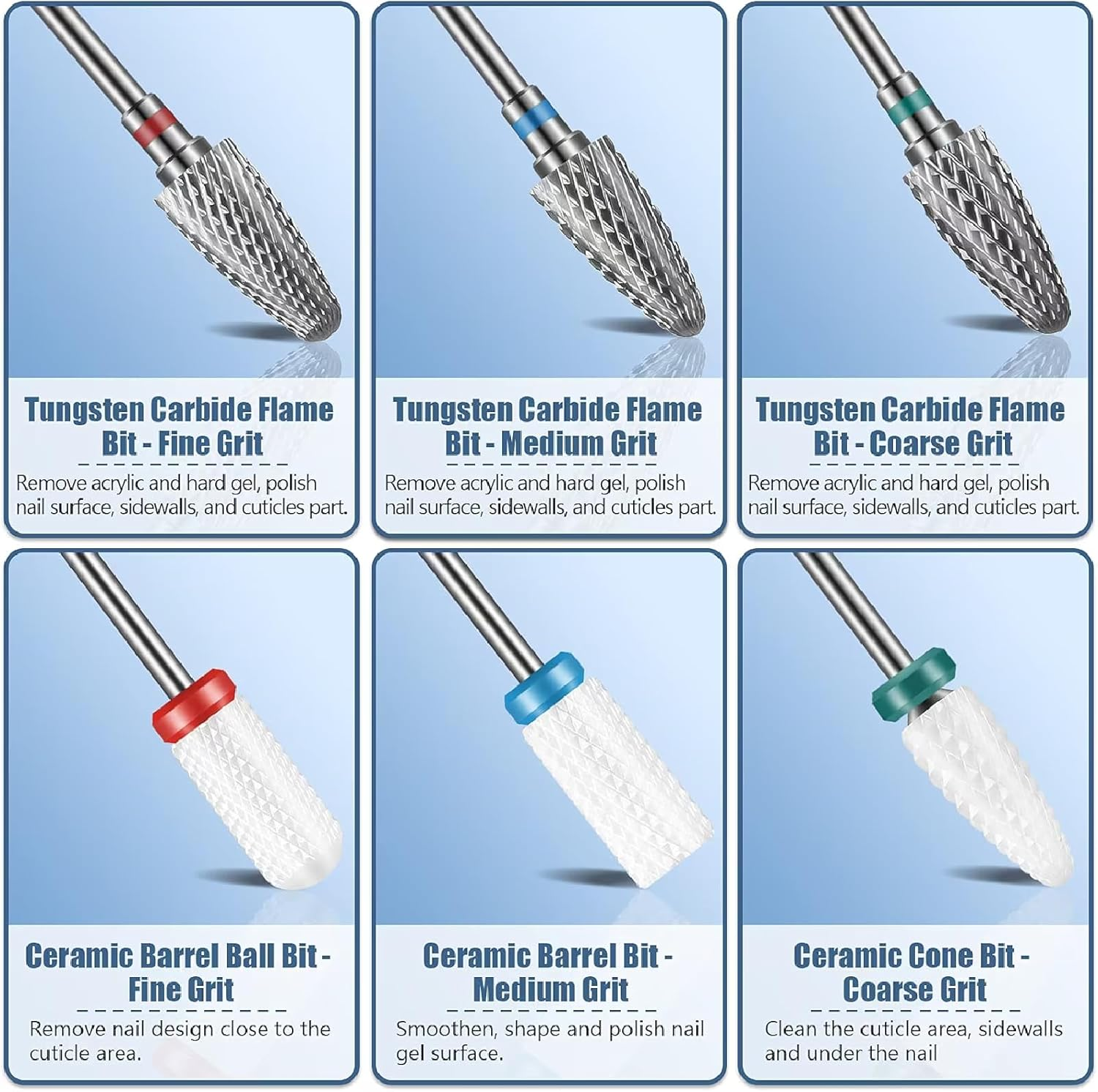 13PC Nail Drill Bits Set, 3Pcs Tungsten Carbide Drill Bits+ 3Pcs Ceramic Efile Nail Drill Bits+ 6Pcs Diamond Drill Bits+ 1Pcs Brush, 0.2Cm Drill Bits for Nails for Manicure Pedicure Home Salon - Gold image number 5