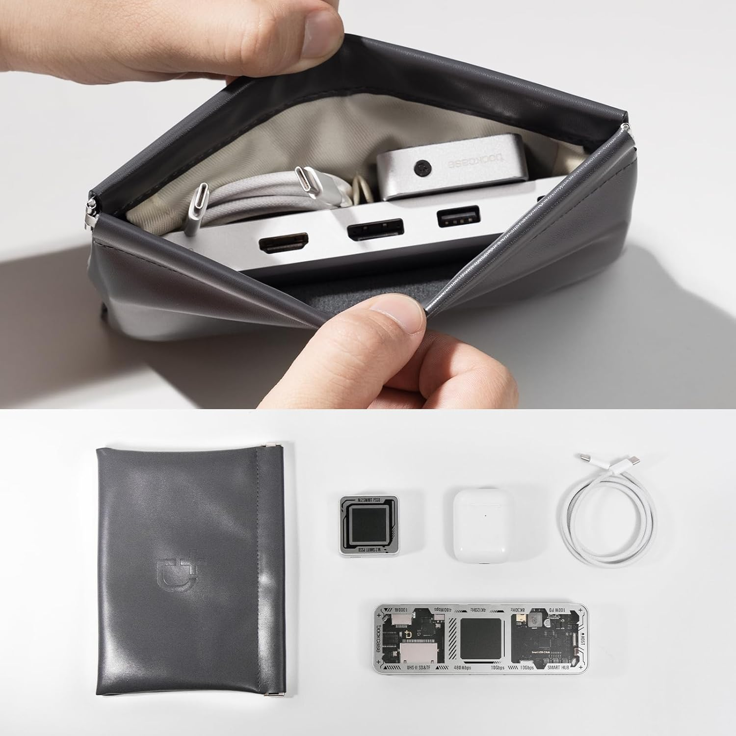 DOCKCASE PU Leather Electronic Accessories Organizer Bag, Water Resistant Cable Organizer for Travel Essentials, Tech Gifts for Men, Storage Bag for Phone, Cord, HUB, Enclosure image number 6