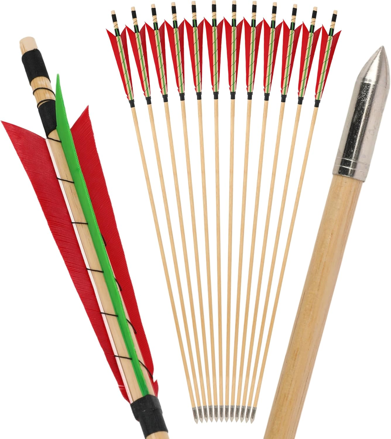 32 Inch Wooden Arrow English Longbow Arrow Target Pracrice Arrow Shaft with 5" Turkey Feather Fletching and Field Point for Recurve Bow Longbow Traditaonal Bow - 12Pcs, 2 Red 1 Green