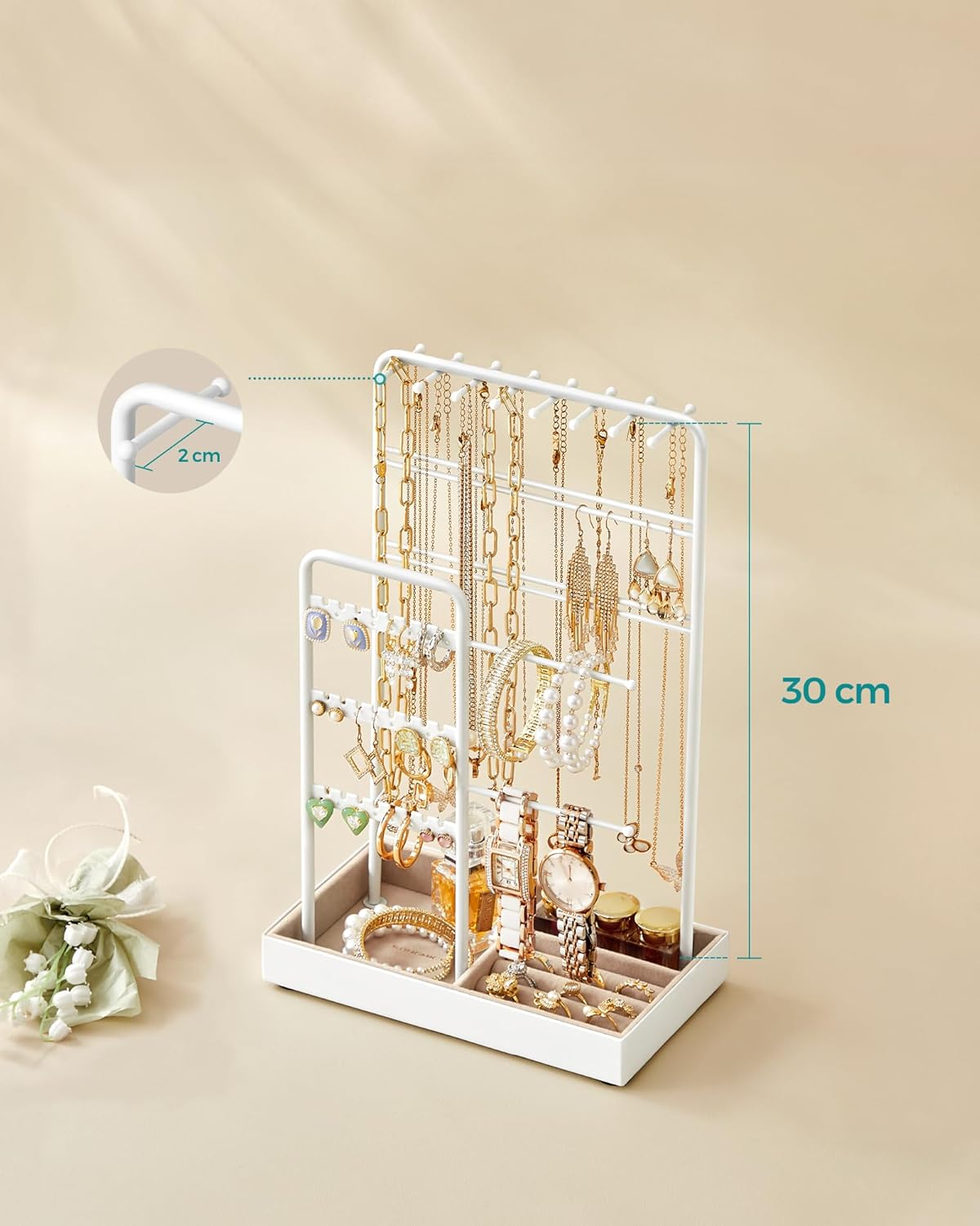 Songmics SONGMICS Jewellery Stand, Jewellery Organiser, Jewellery Display Stand with Metal Frame and Velvet Tray, Earring Bracelet Holder, Necklace Stand, for Studs, Rings, Gift Idea, White JJS021W01 image number 5