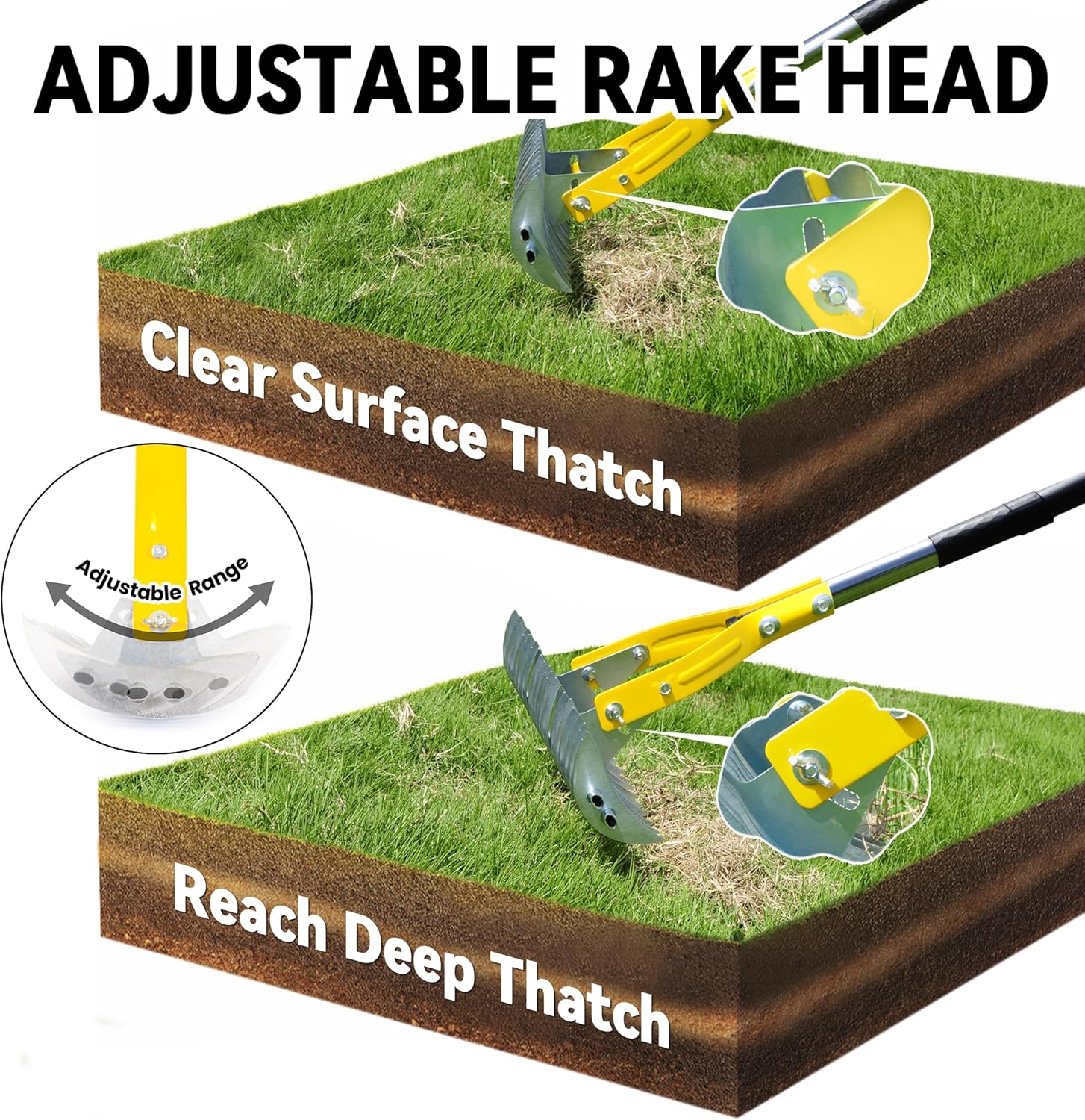 Blumetrec Thatch Rake for Lawn, 15-Inch Adjustable Head Weed Tool, Dethatcher Rake to Cleaning Dead Grass with 188Cm Adjustable Handle, Steel Metal Thatching Rake for Grass, Garden, Yard image number 6